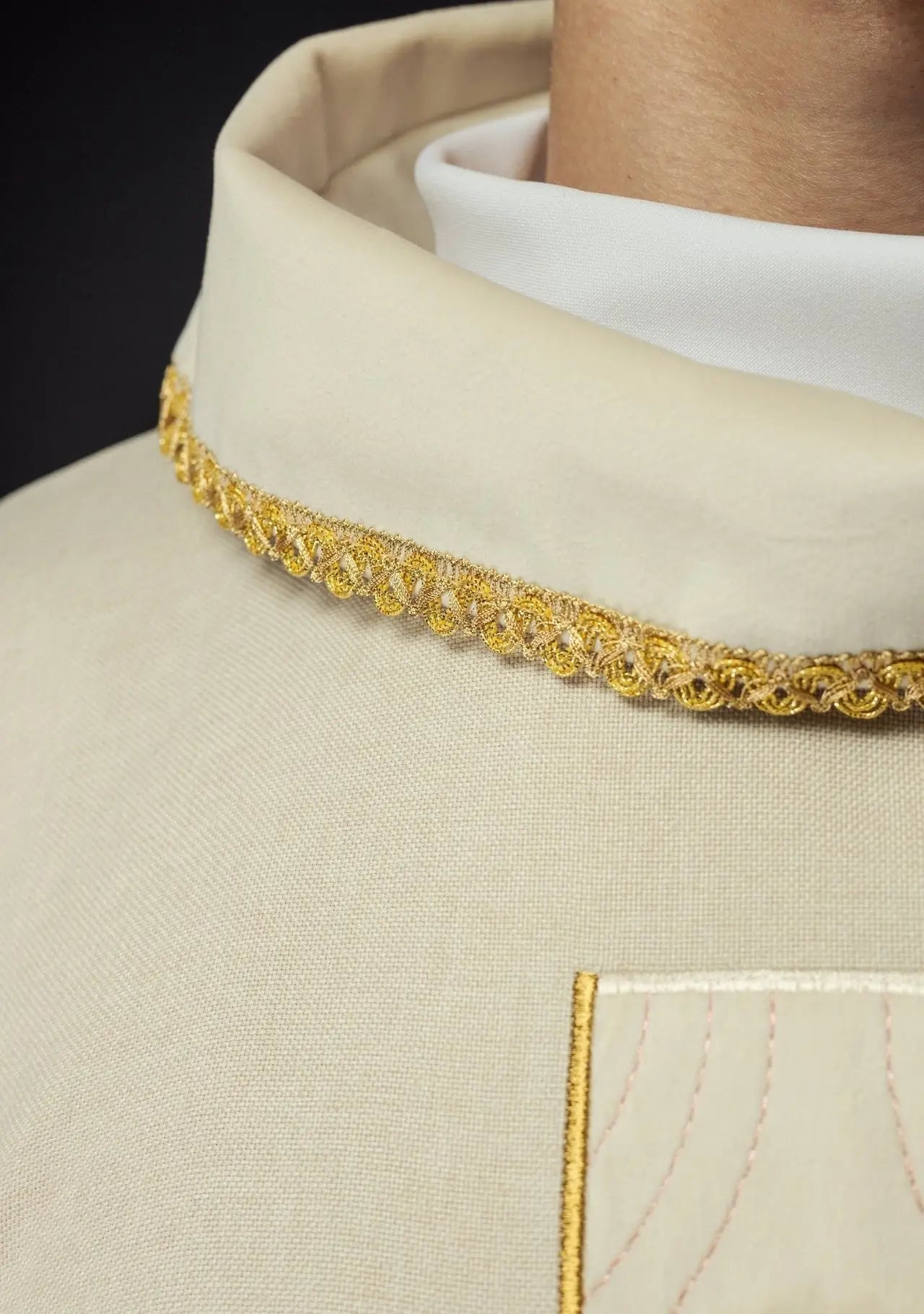 Chasuble with embroidered gold crosses and collar trim in ecru color