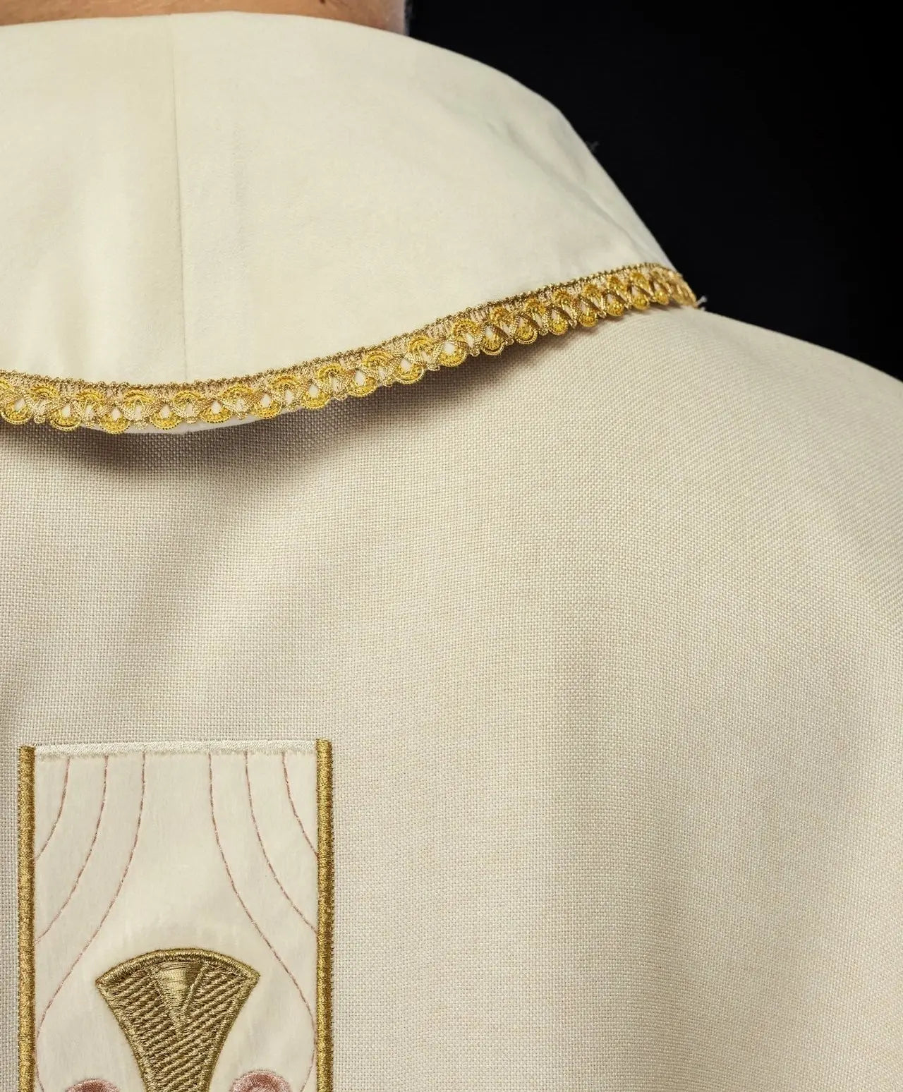 Chasuble with embroidered gold crosses and collar trim in ecru color