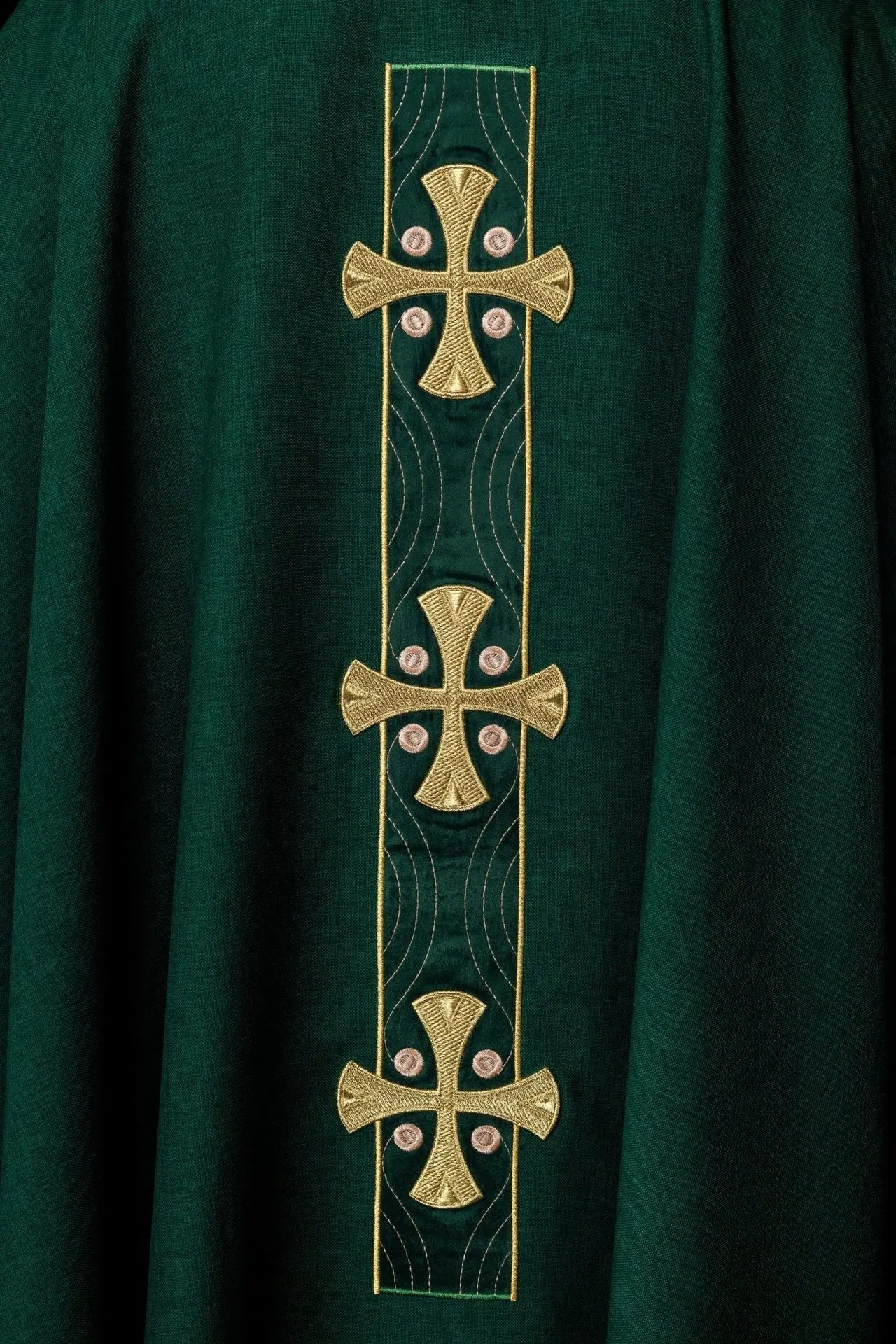 Chasuble with embroidered gold crosses and green collar piping