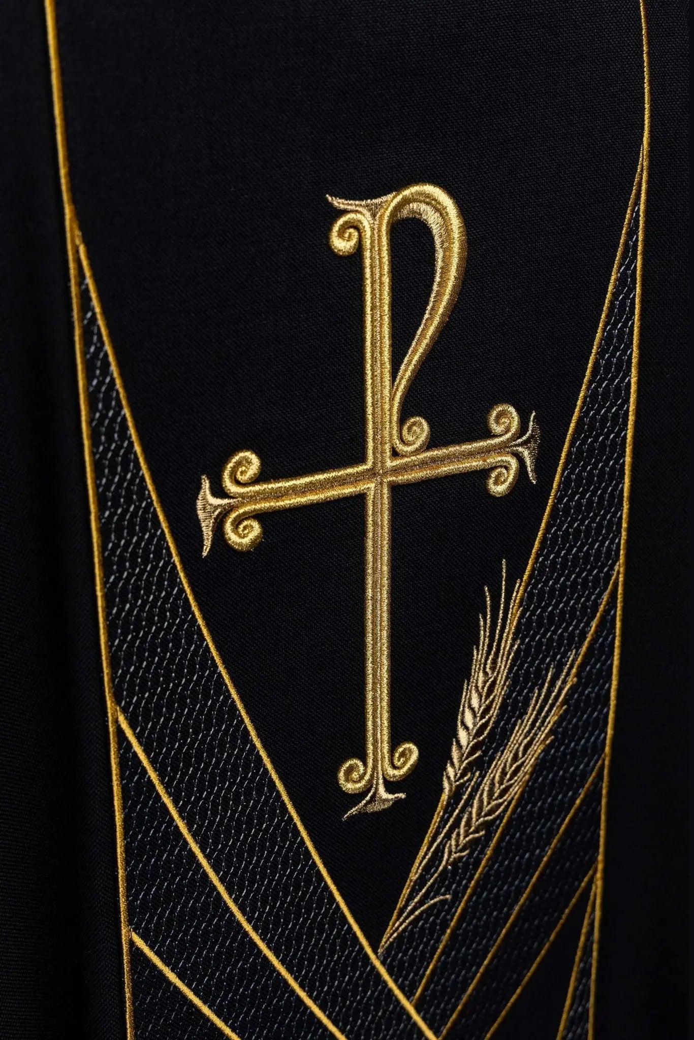 Black chasuble with embroidered PAX band and wheat motif