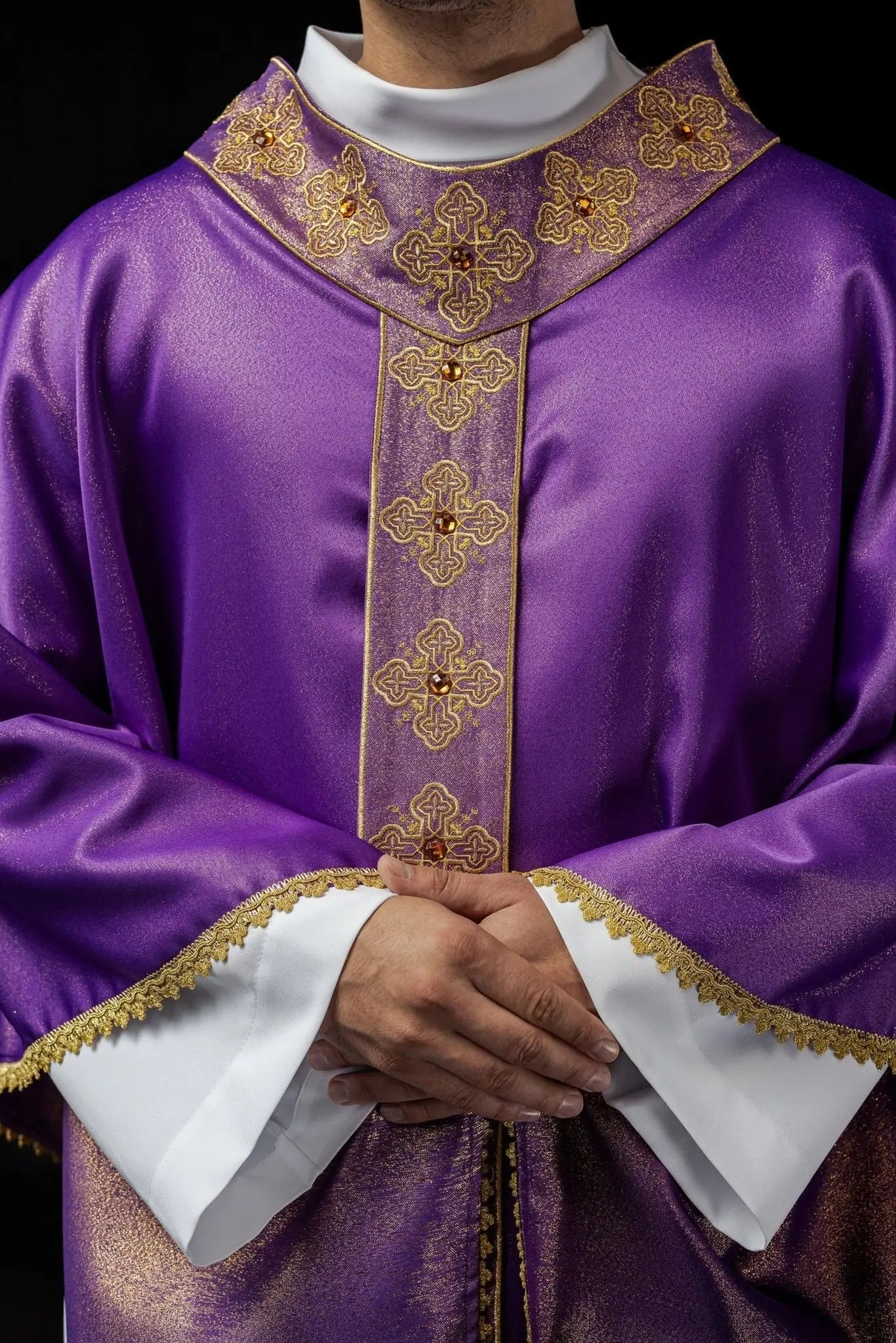 Purple chasuble with embroidered belt and collar decorated with stones