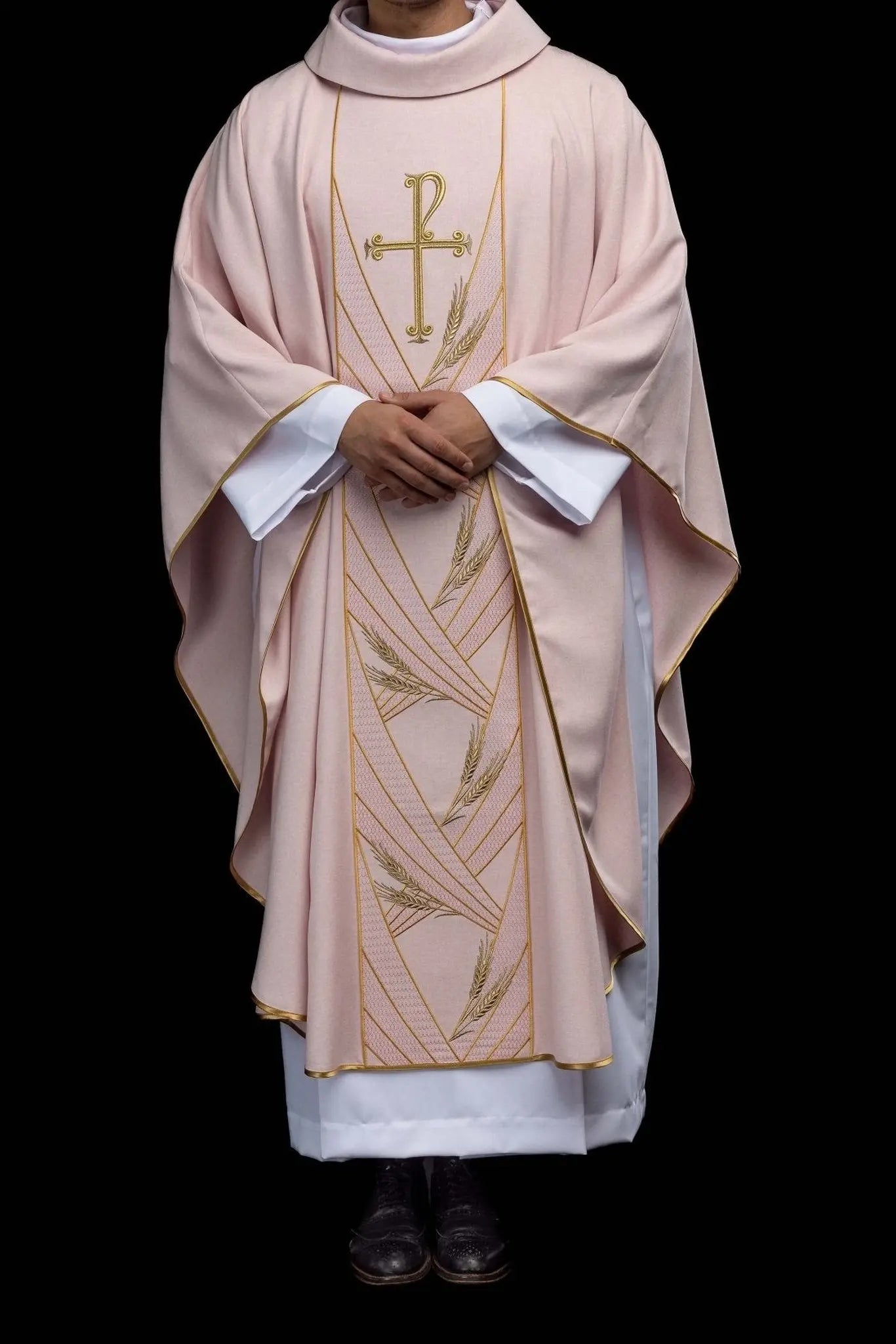 Rose chasuble with embroidered Pax band and wheat sheaves motif