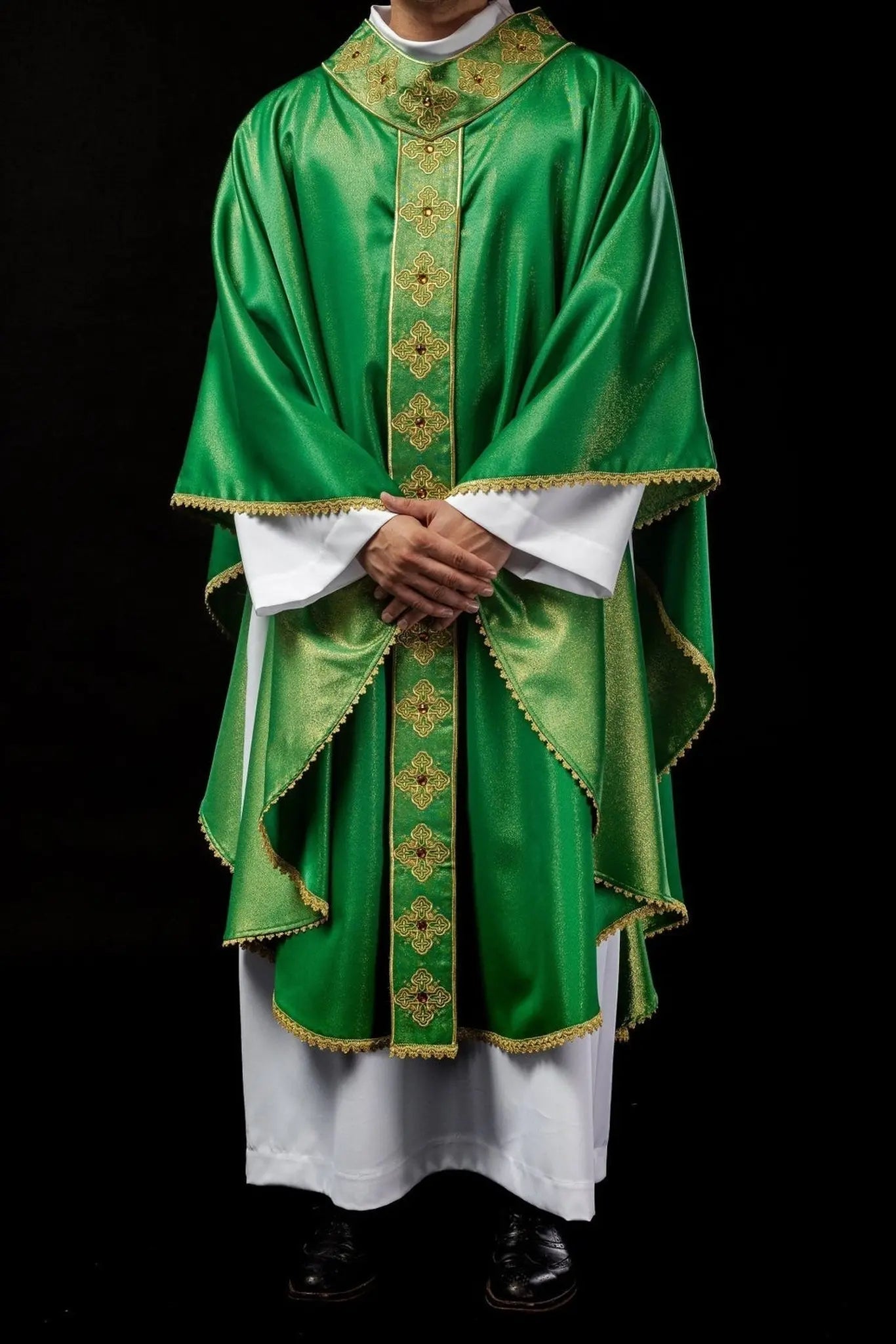 Green chasuble with embroidered belt and collar decorated with stones