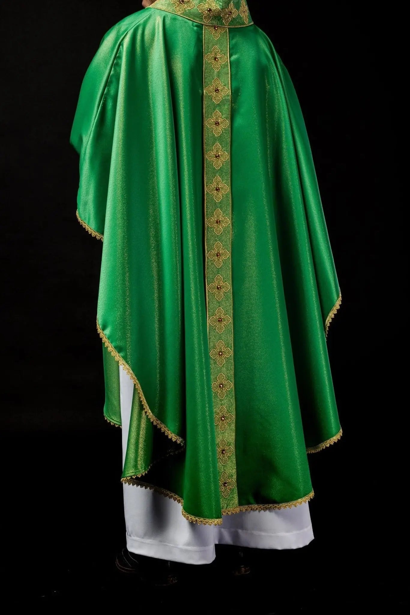 Green chasuble with embroidered belt and collar decorated with stones