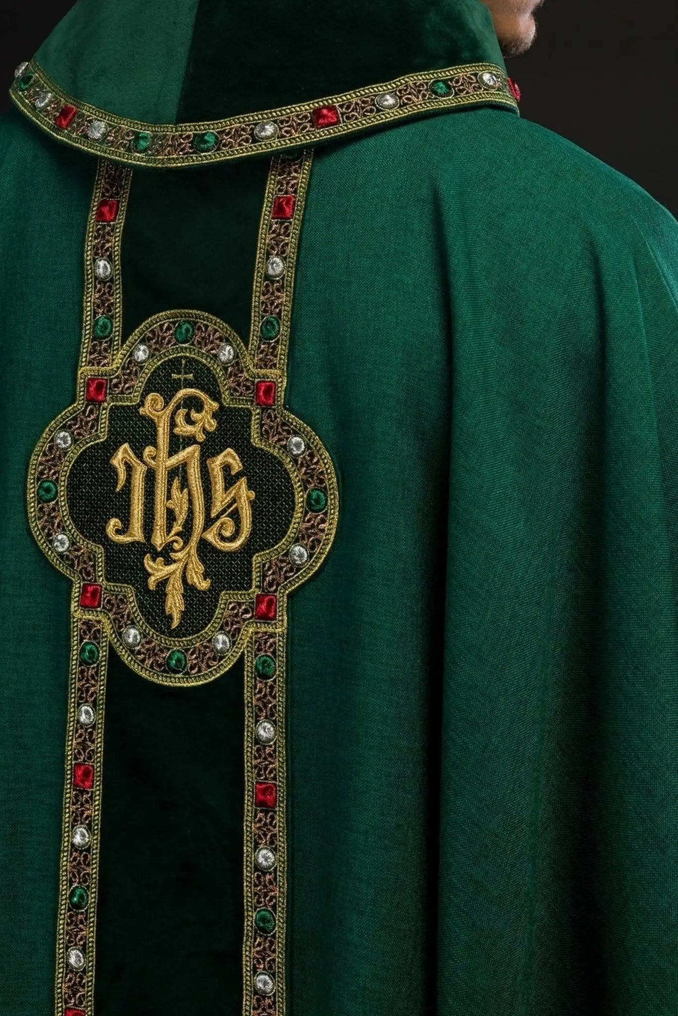 Chasuble with richly embroidered belt and piping around IHS embroidery and collar in green
