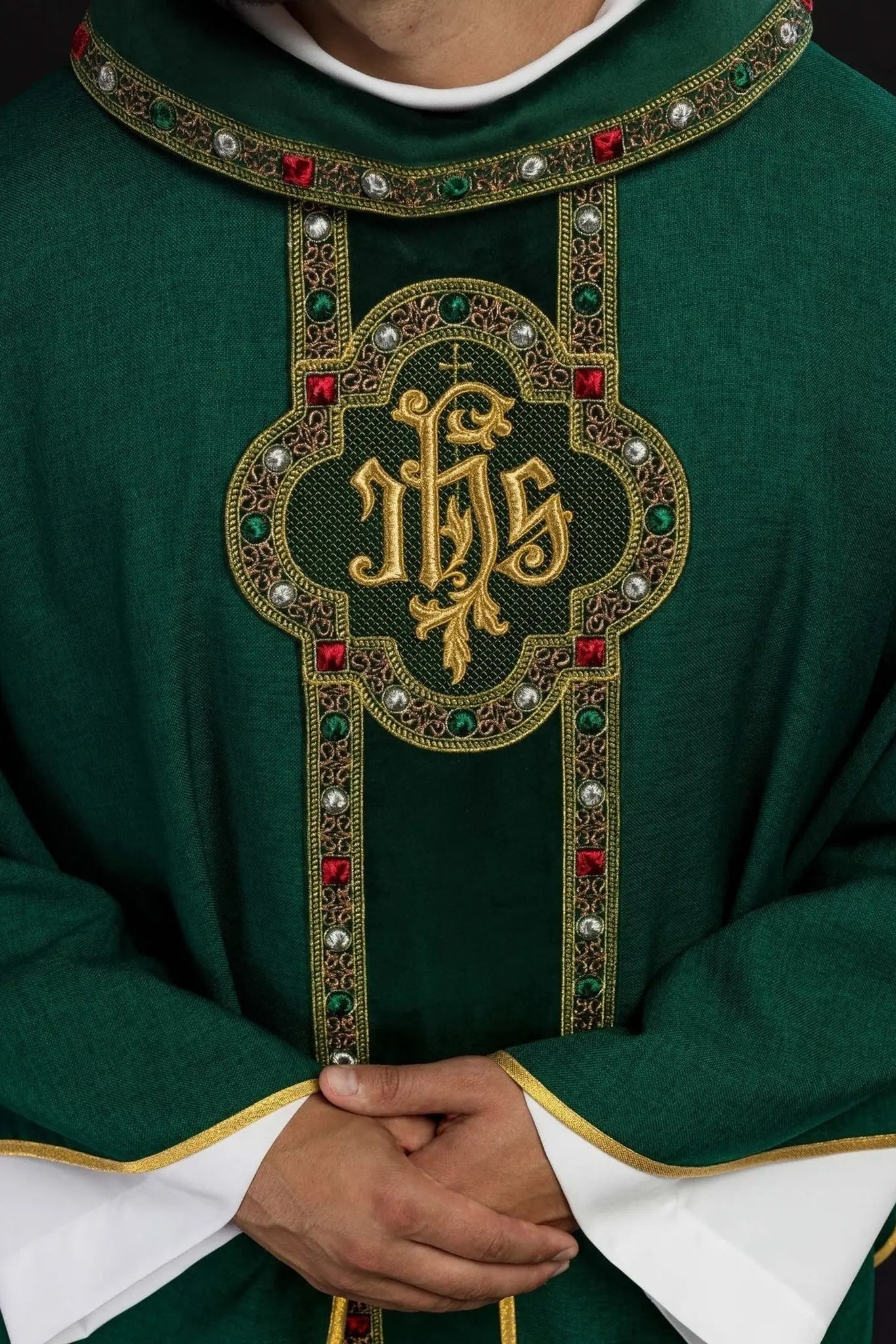 Chasuble with richly embroidered belt and piping around IHS embroidery and collar in green