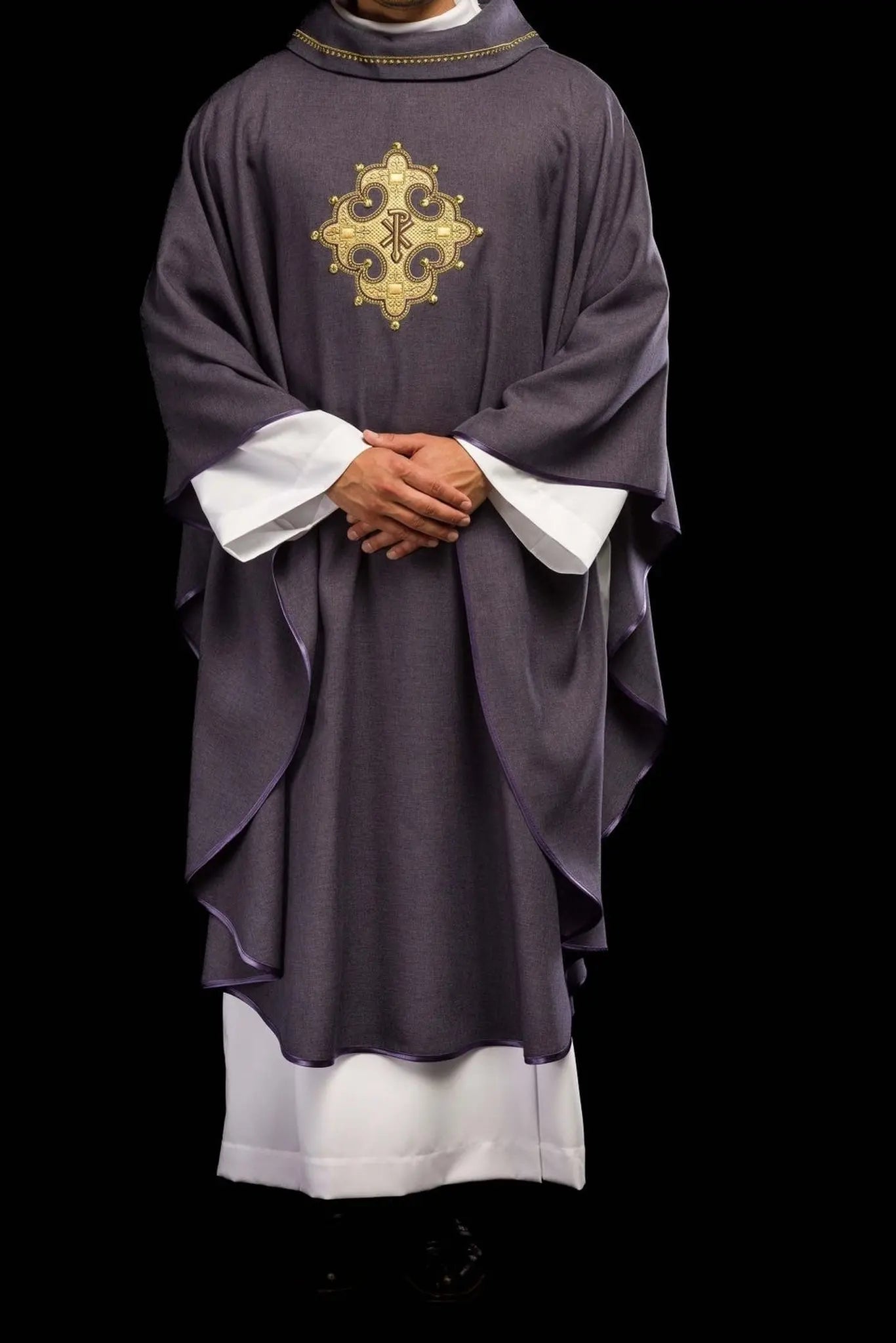 Chasuble with embroidered cross and gold trim on the collar in purple