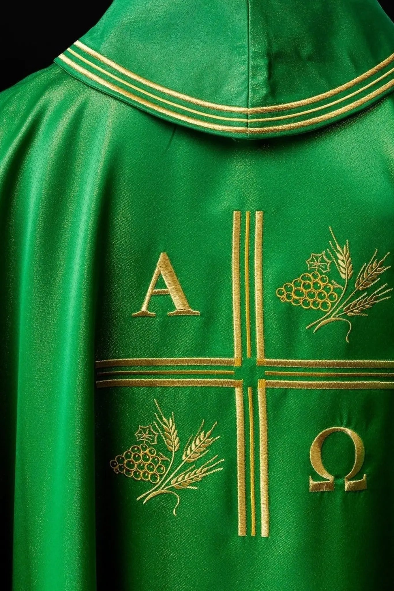 Chasuble with embroidered cross, Alpha and Omega motifs and ears in green