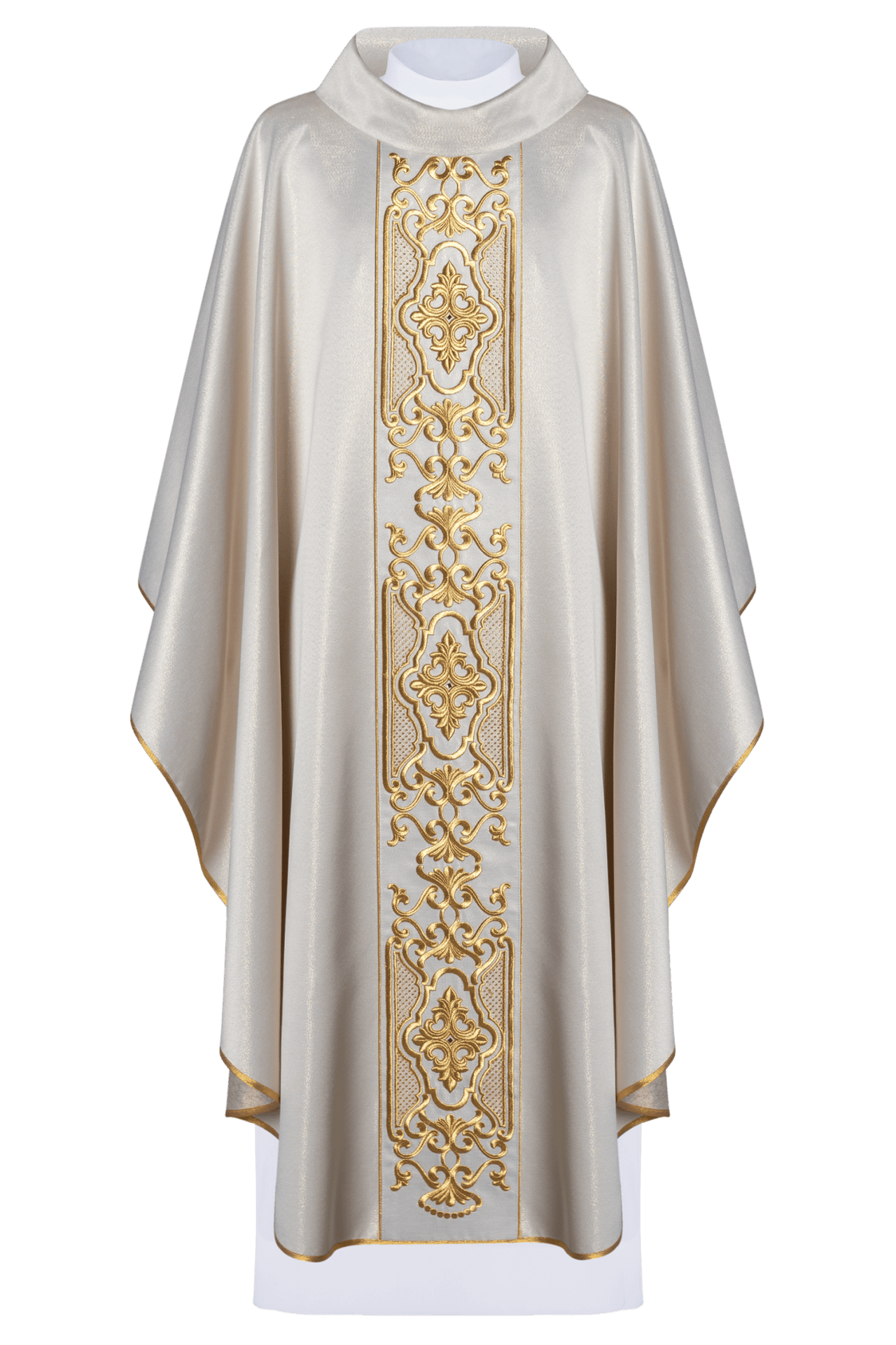 Ornat z połyskującej tkaniny z bogatym złotym haftem na pasie