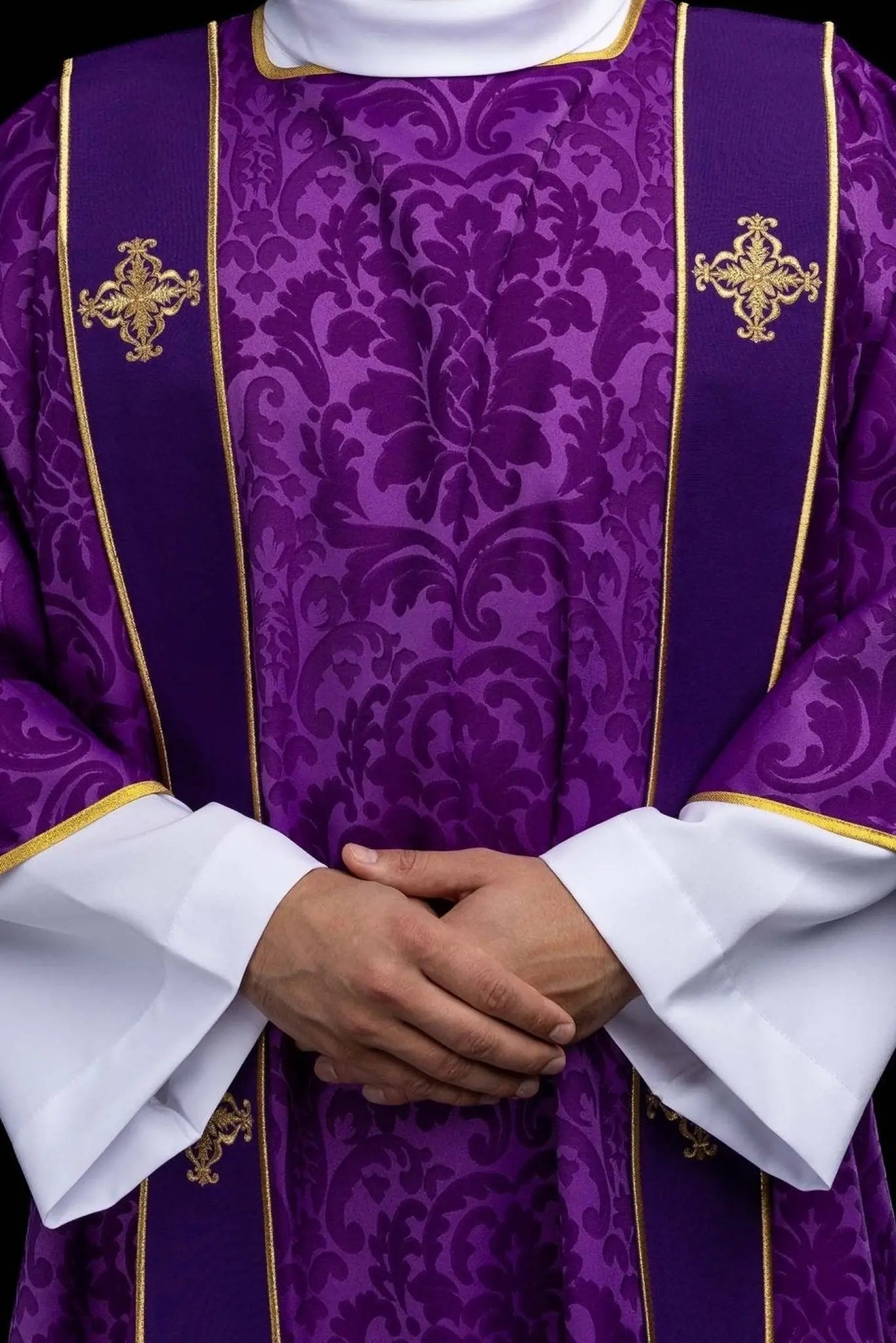 Purple Jacquard Dalmatic with Gold Cross Embroidery - HAFTINA ATELIER