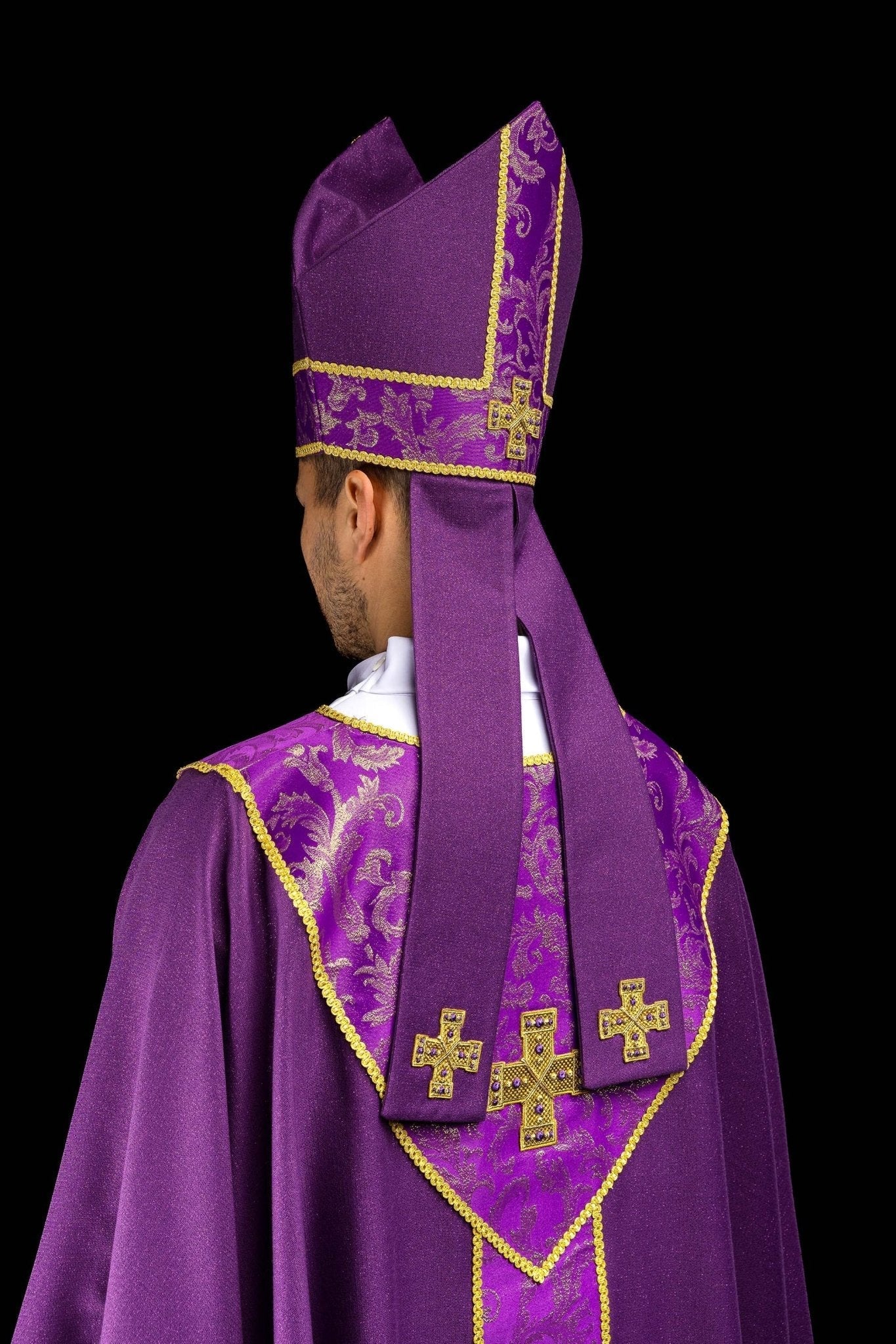 Purple mitre with embroidered cross and jacquard fabric - HAFTINA ATELIER