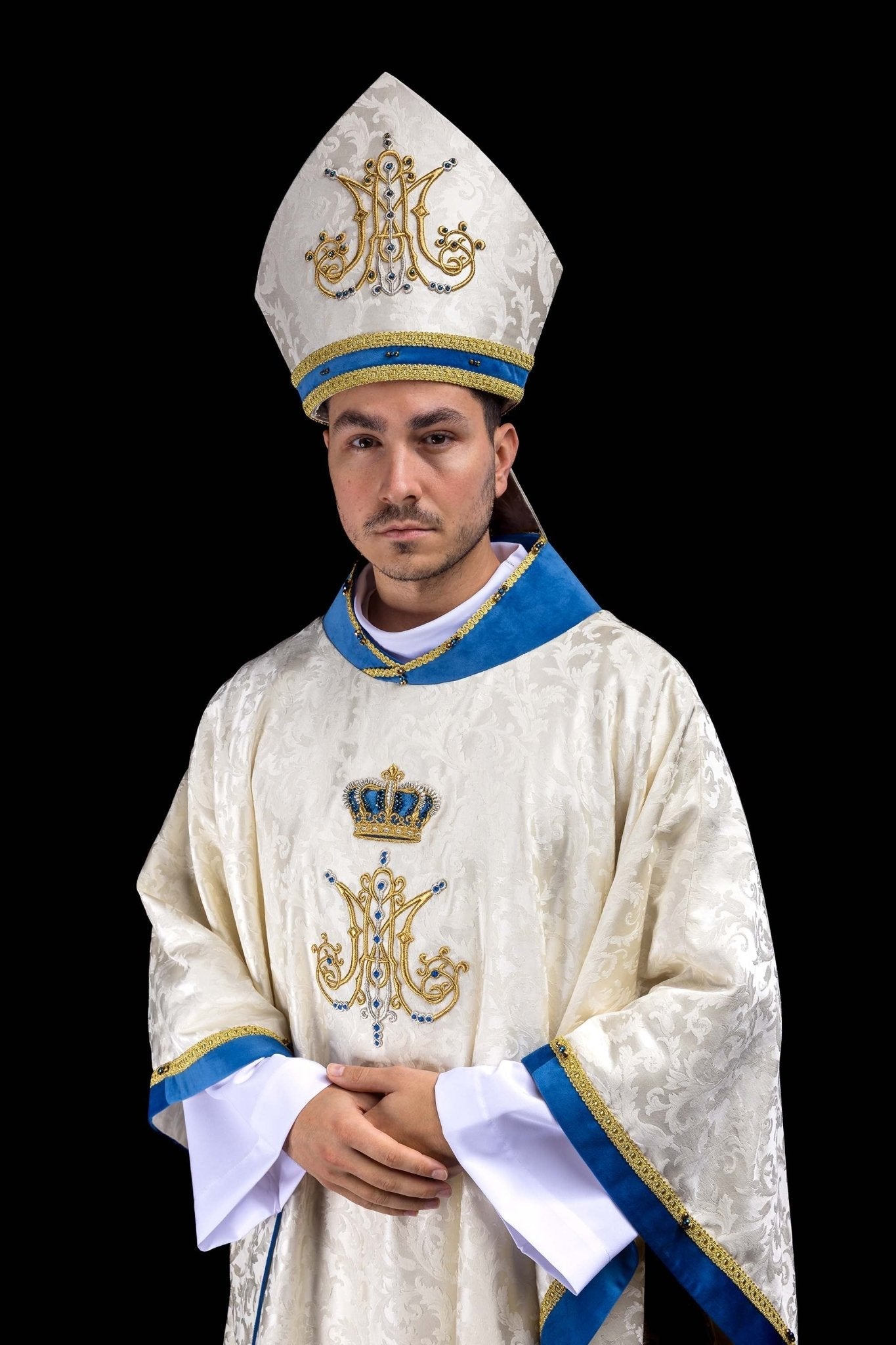 Ecru Handmade Marian Mitre with Natural Stones