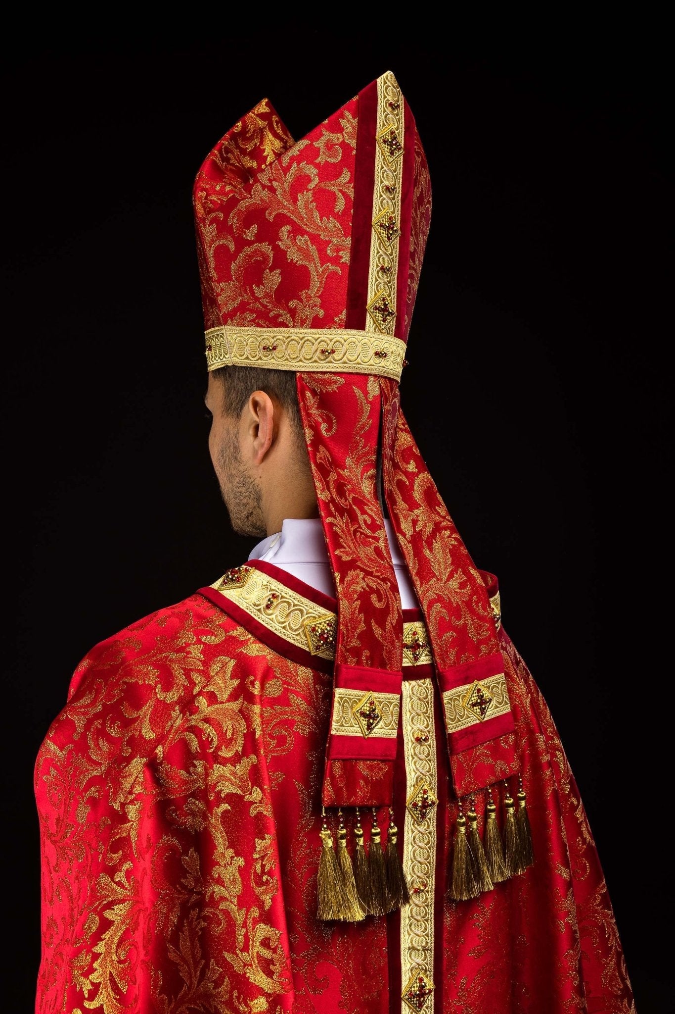 Red Handmade Bishop's Mitre with Natural Stones and Gold Embroidery