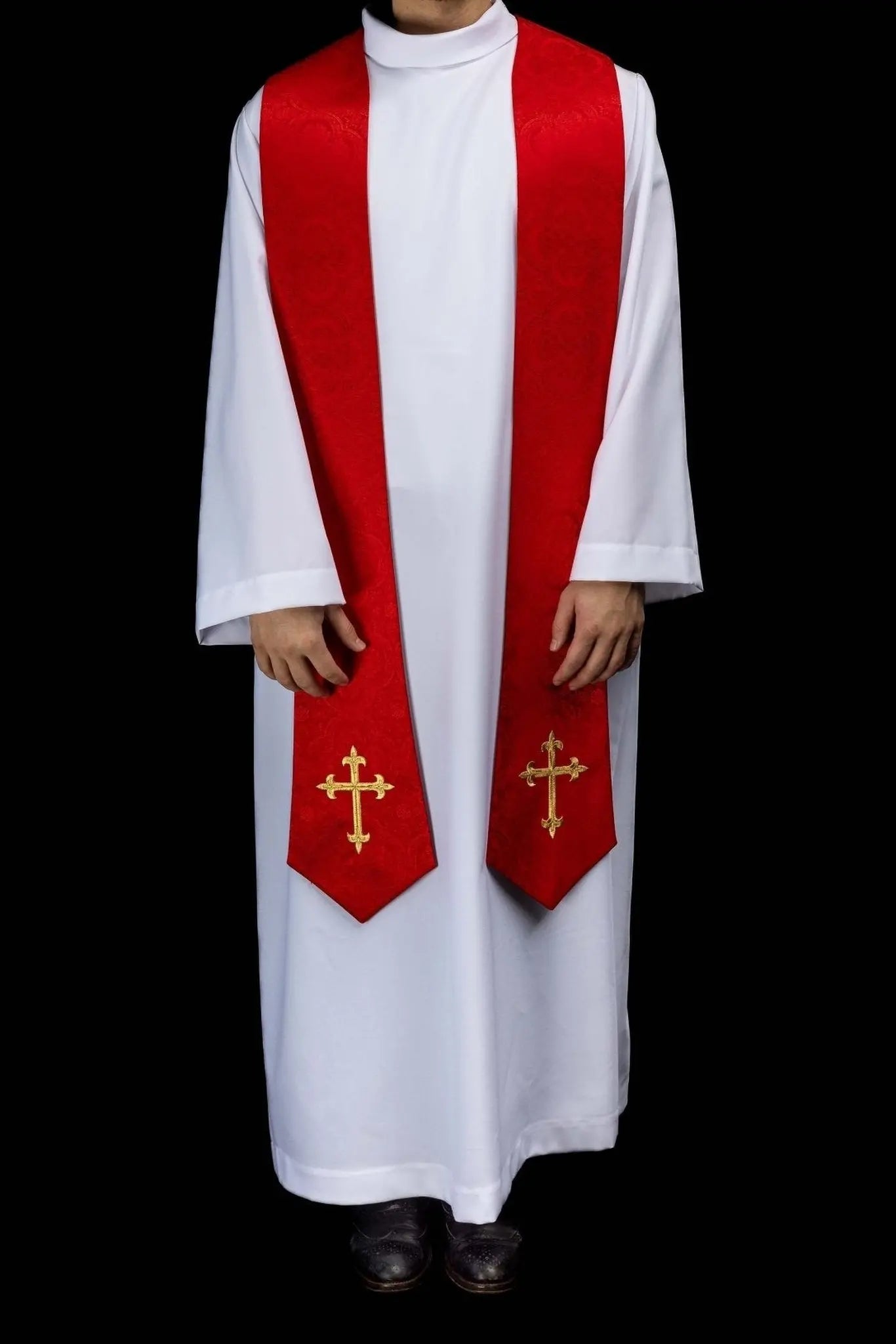 Red Embroidered Stole with Cross Motif, Jacquard Fabric - HAFTINA ATELIER