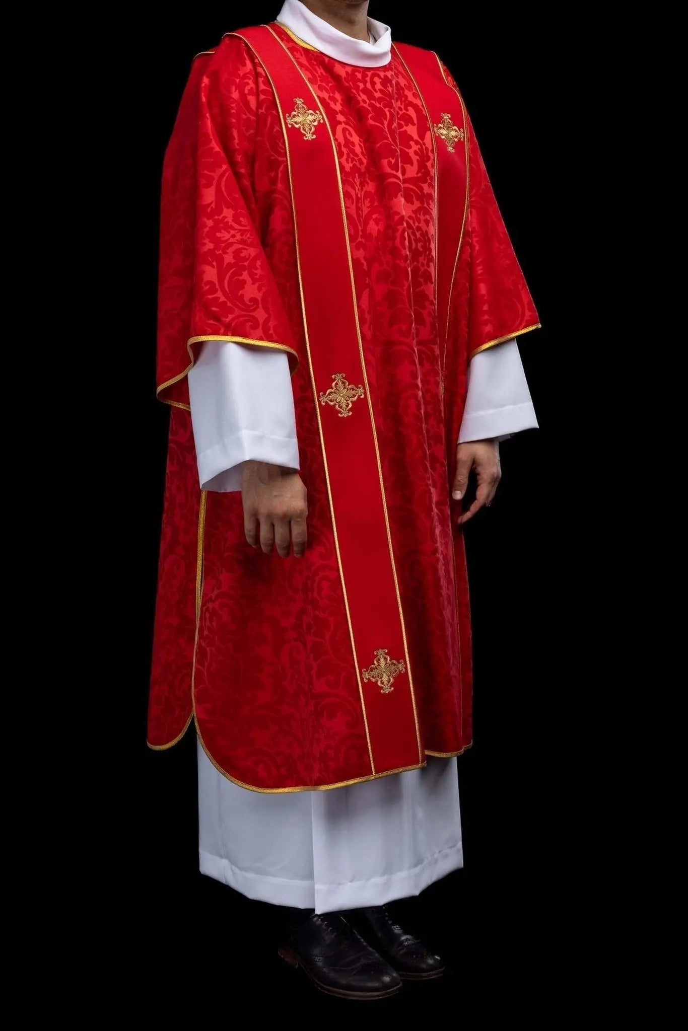 Red Jacquard Dalmatic with Gold Cross Embroidery - HAFTINA ATELIER