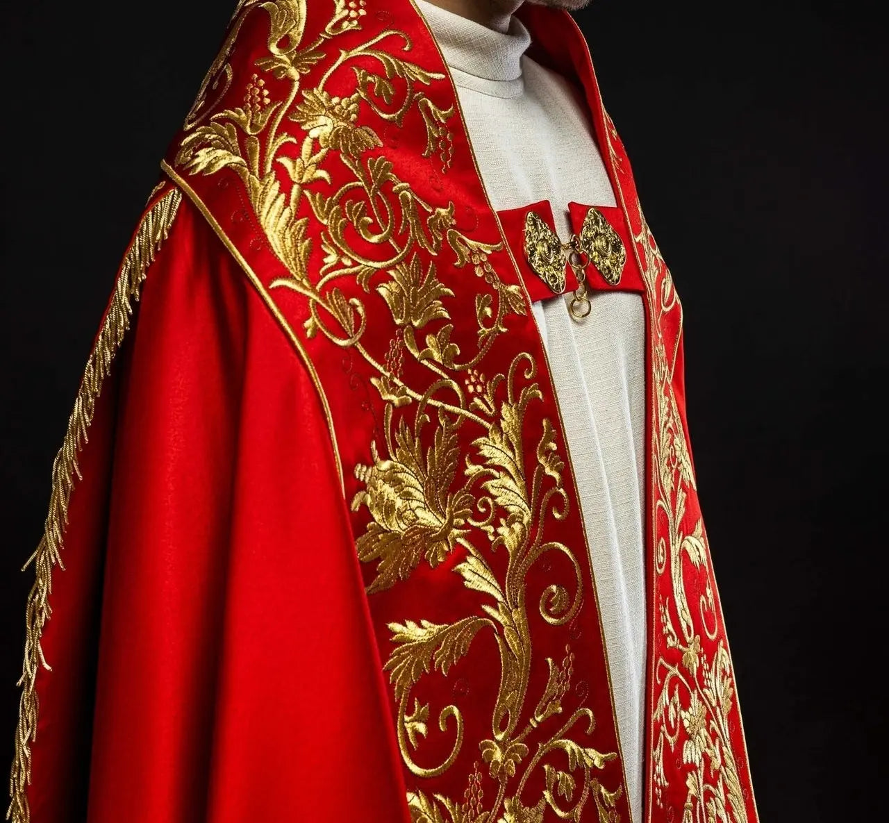 Roman Satin Cope – Red with Embroidered Sacred Heart of Jesus