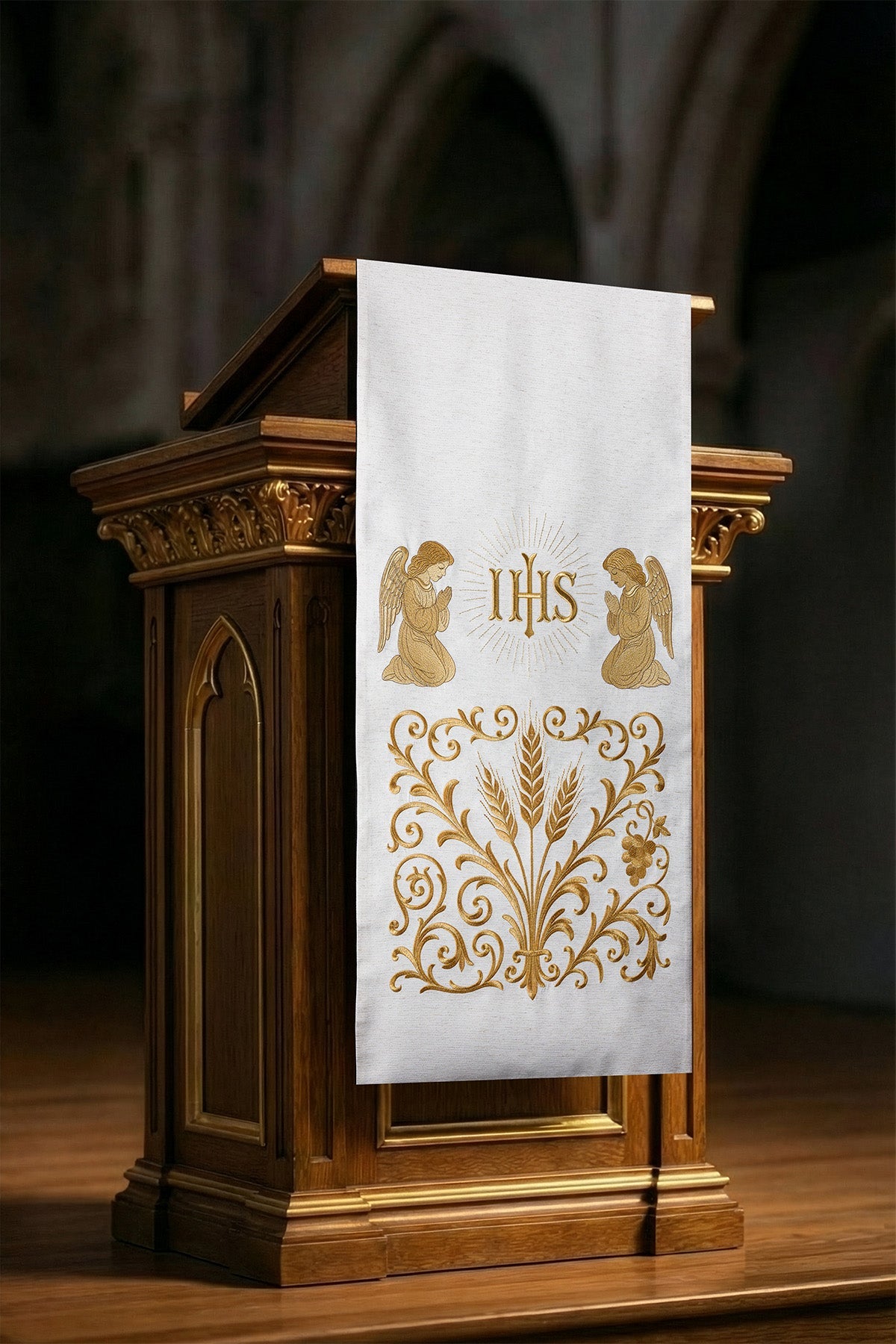 Funda blanca para atril con IHS y ángeles adoradores