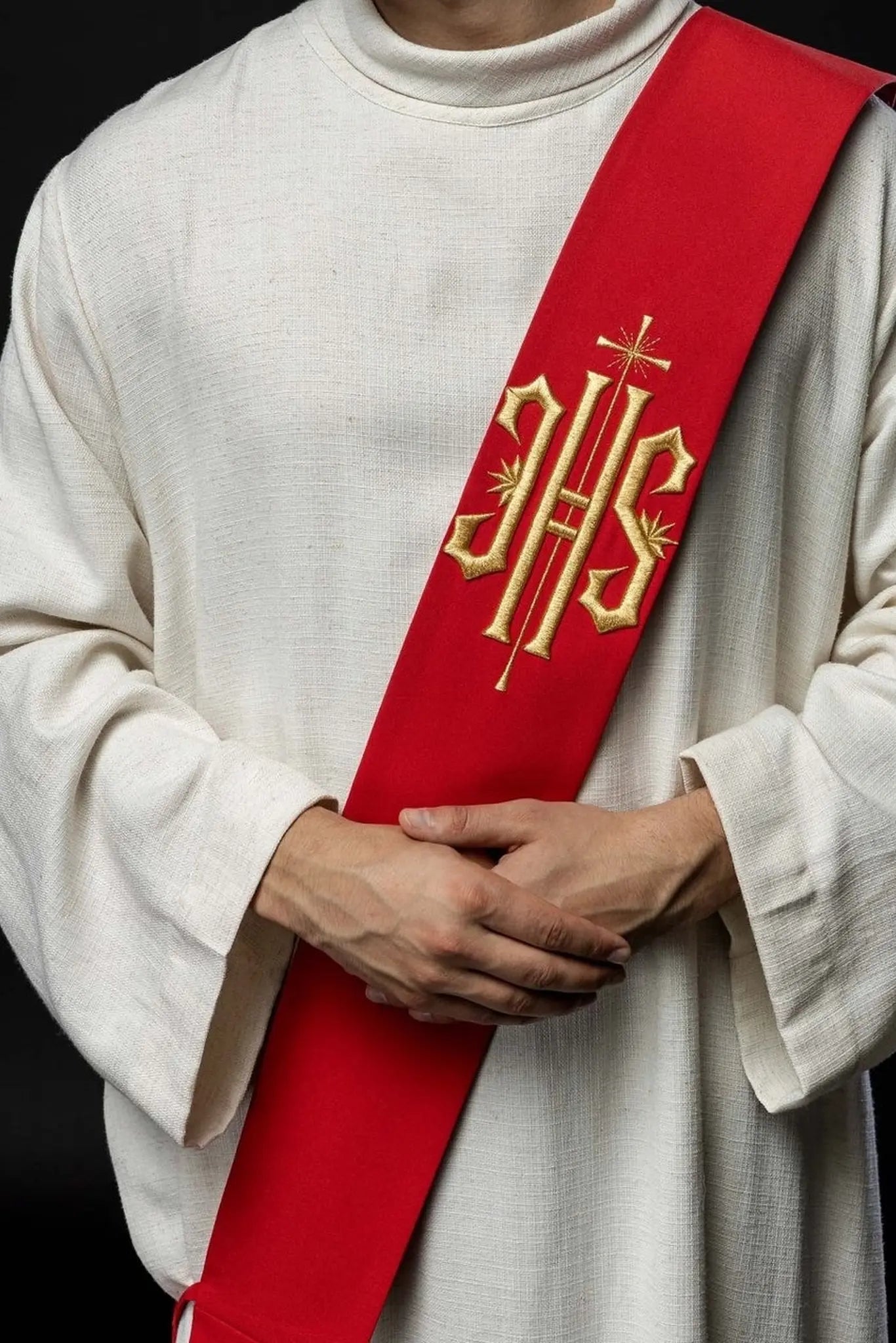 Estola diaconal bordada IHS con cruz