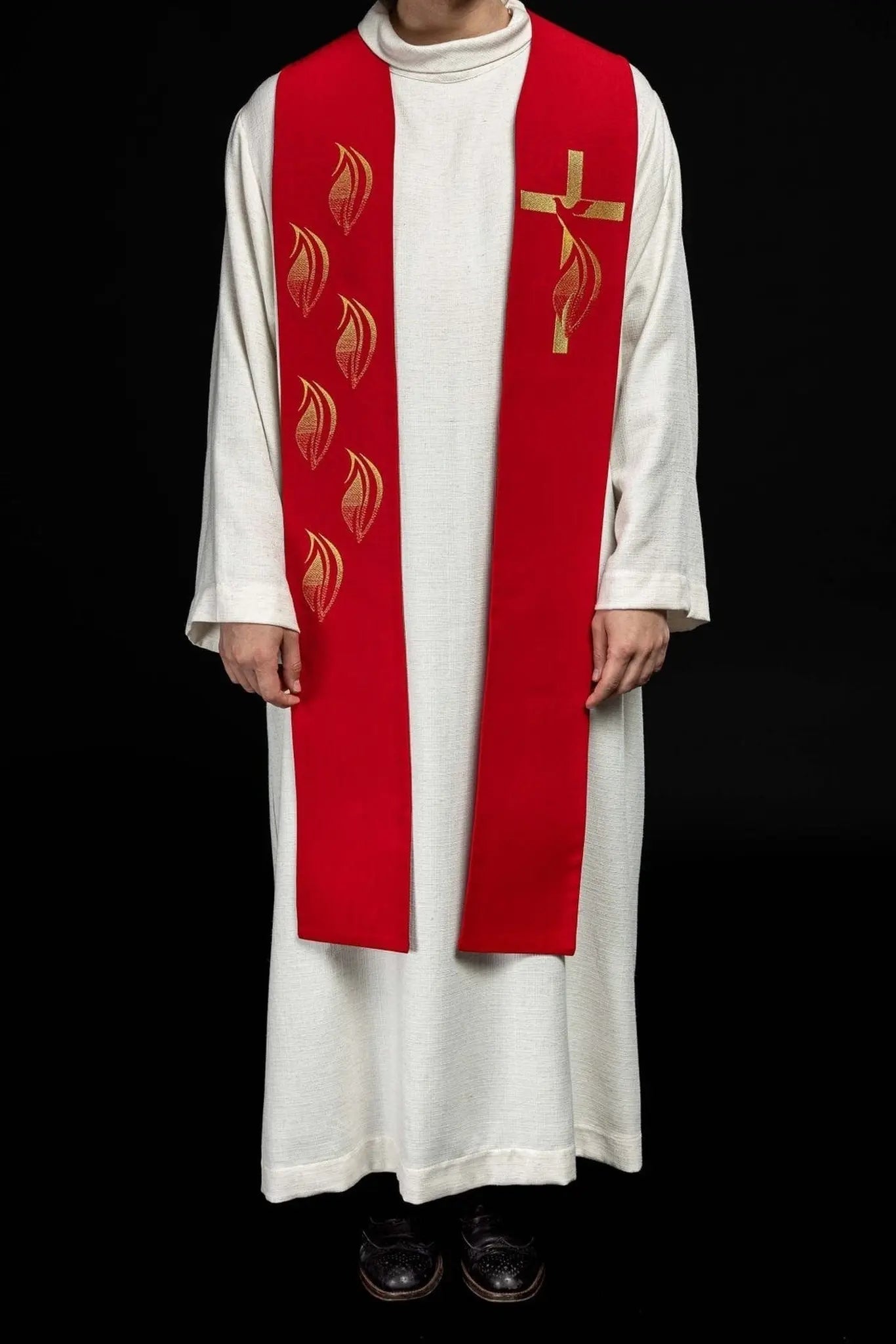 Embroidered stole Holy Spirit, cross and tongues of fire Red