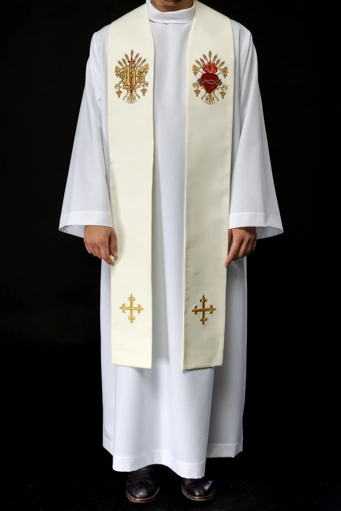 Estola bordada de la cruz, IHS y corazón de Jesucristo ecru