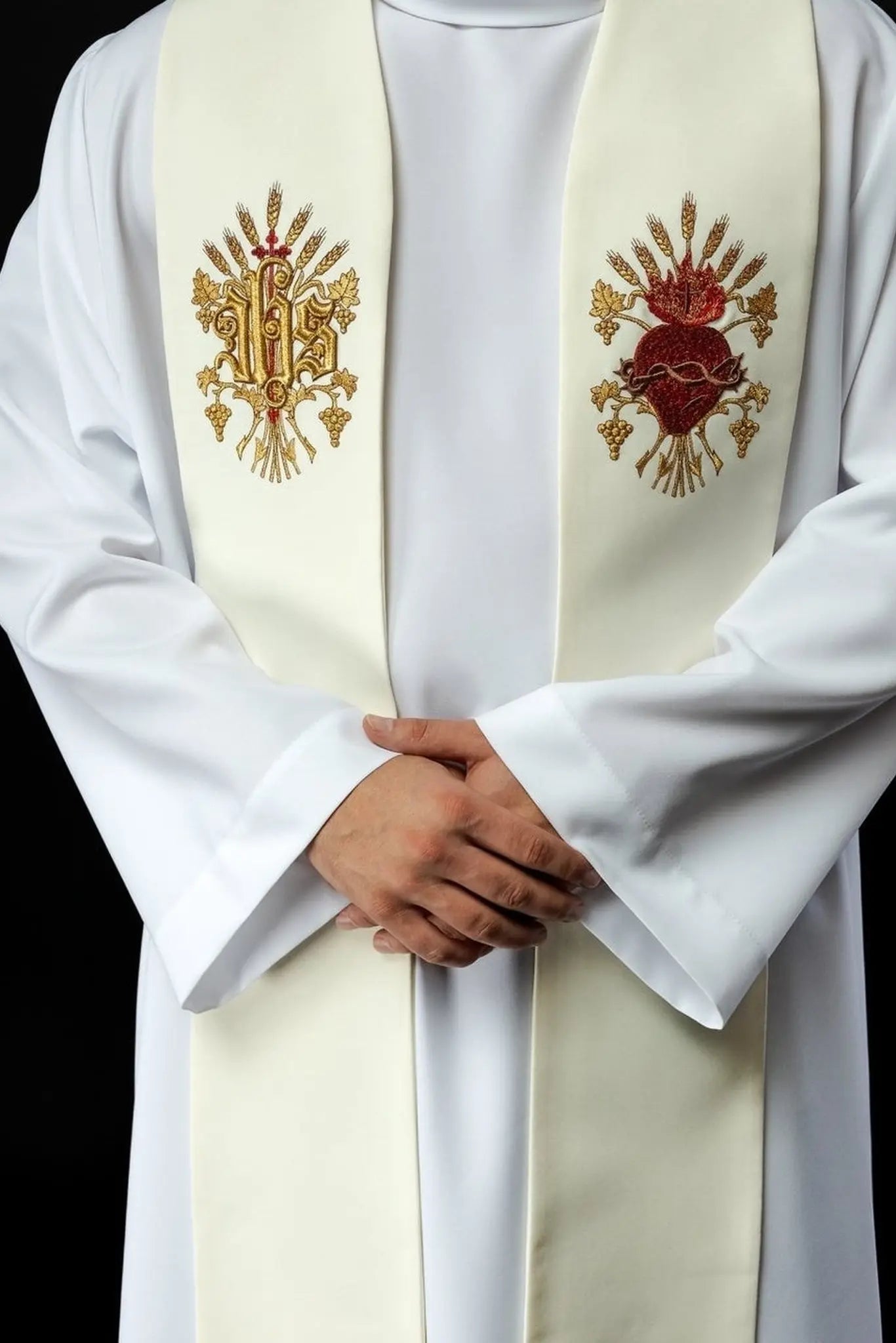 Estola bordada de la cruz, IHS y corazón de Jesucristo ecru