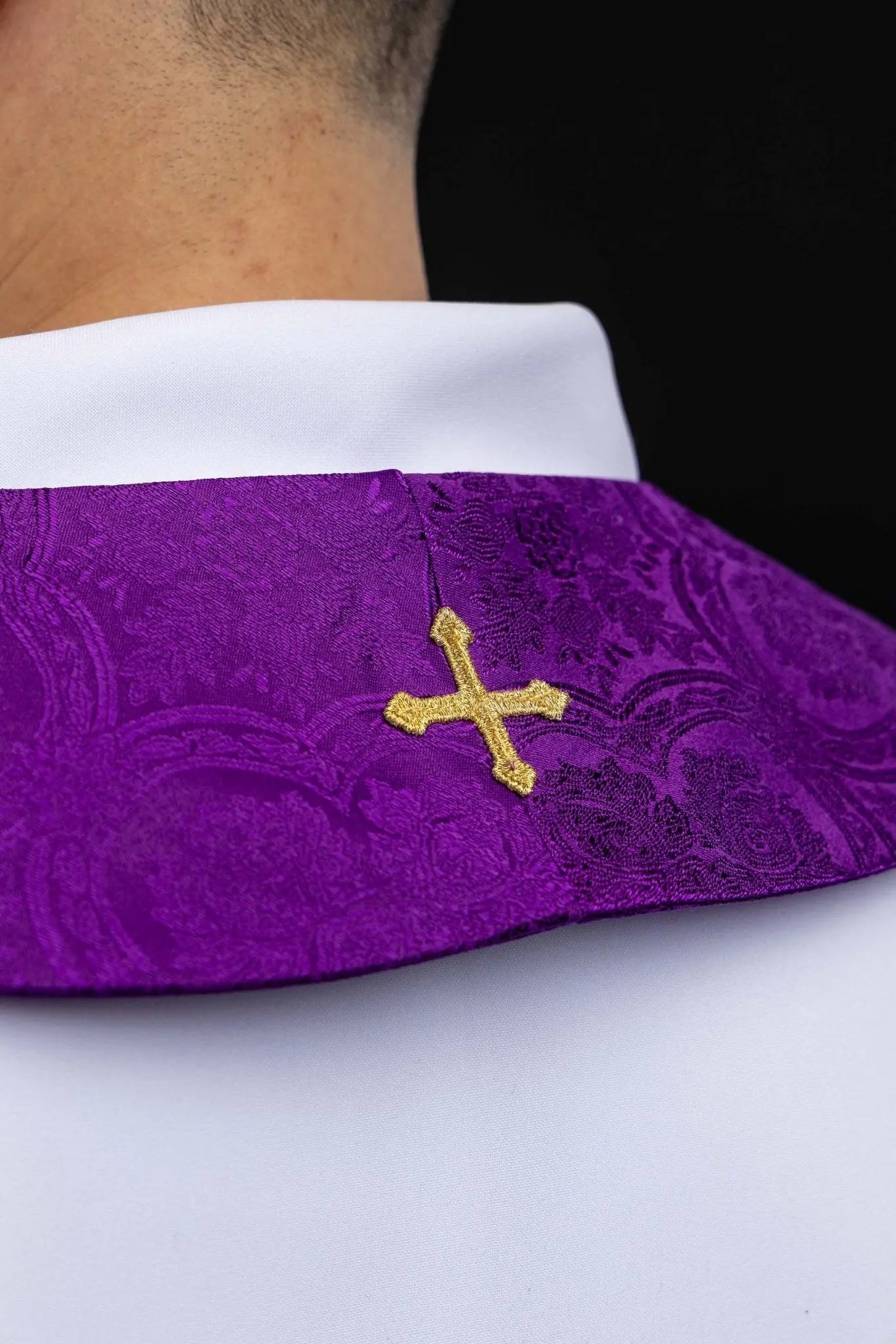 Purple jacquard stole with embroidered cross motif