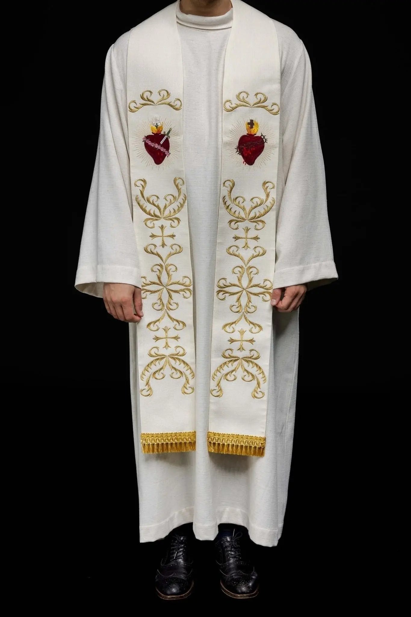 Estola bordada con los Corazones de Jesús y María – Ecru