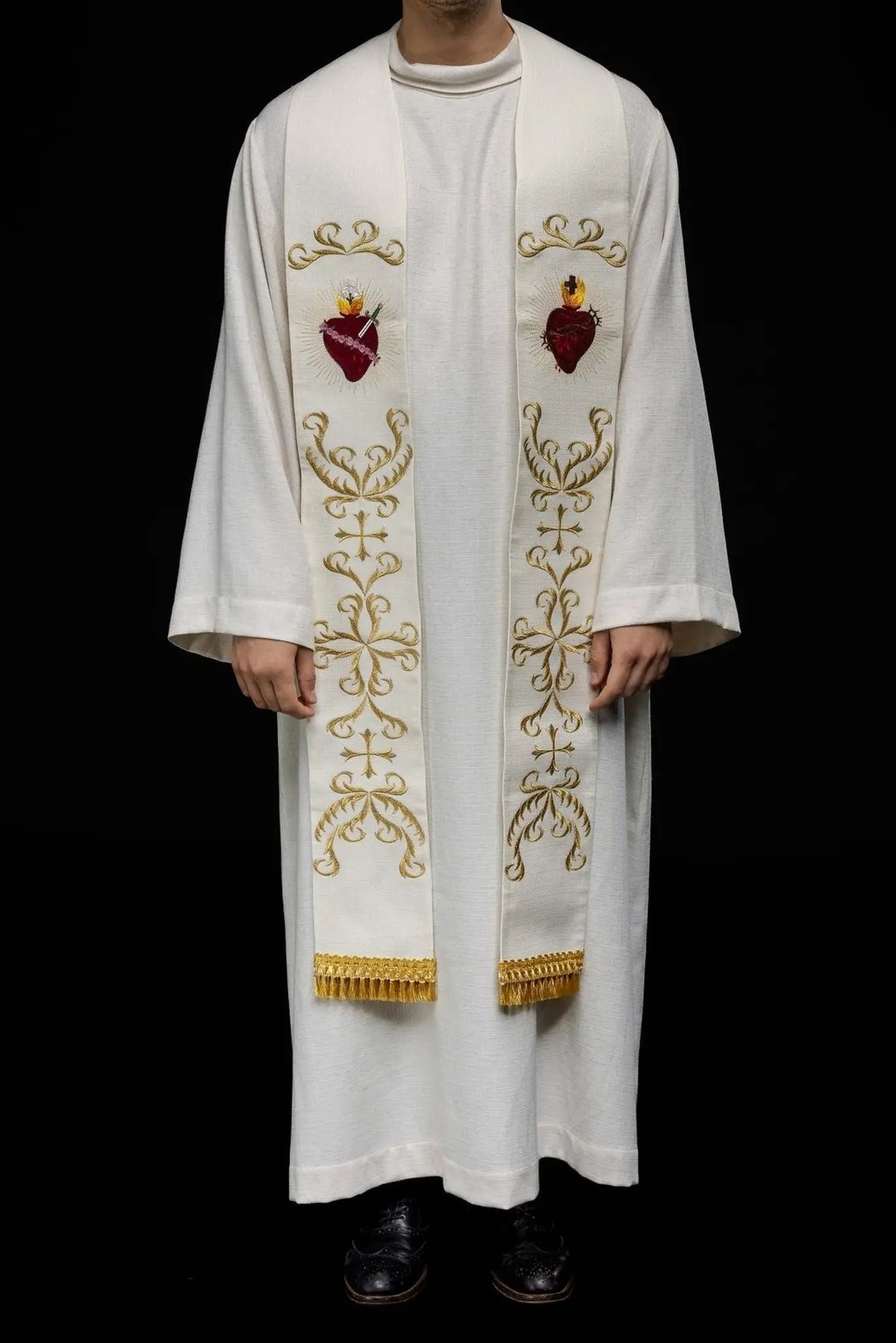 Estola bordada con los Corazones de Jesús y María – Ecru