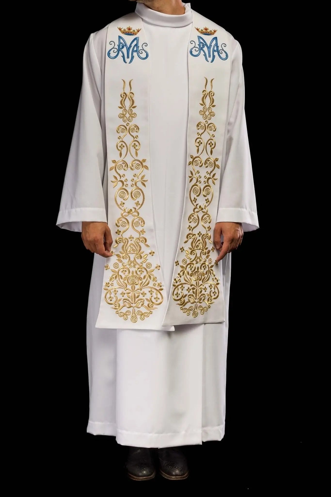 Priest's stole white embroidered Marian motif with crown