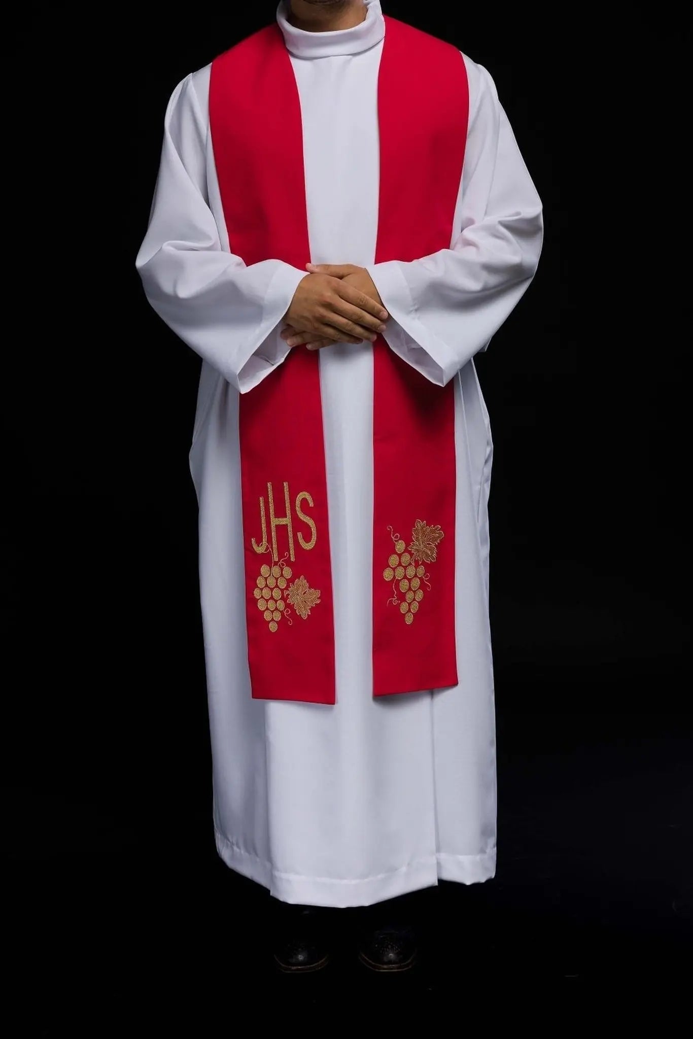 Estola roja bordada para sacerdote IHS con uvas