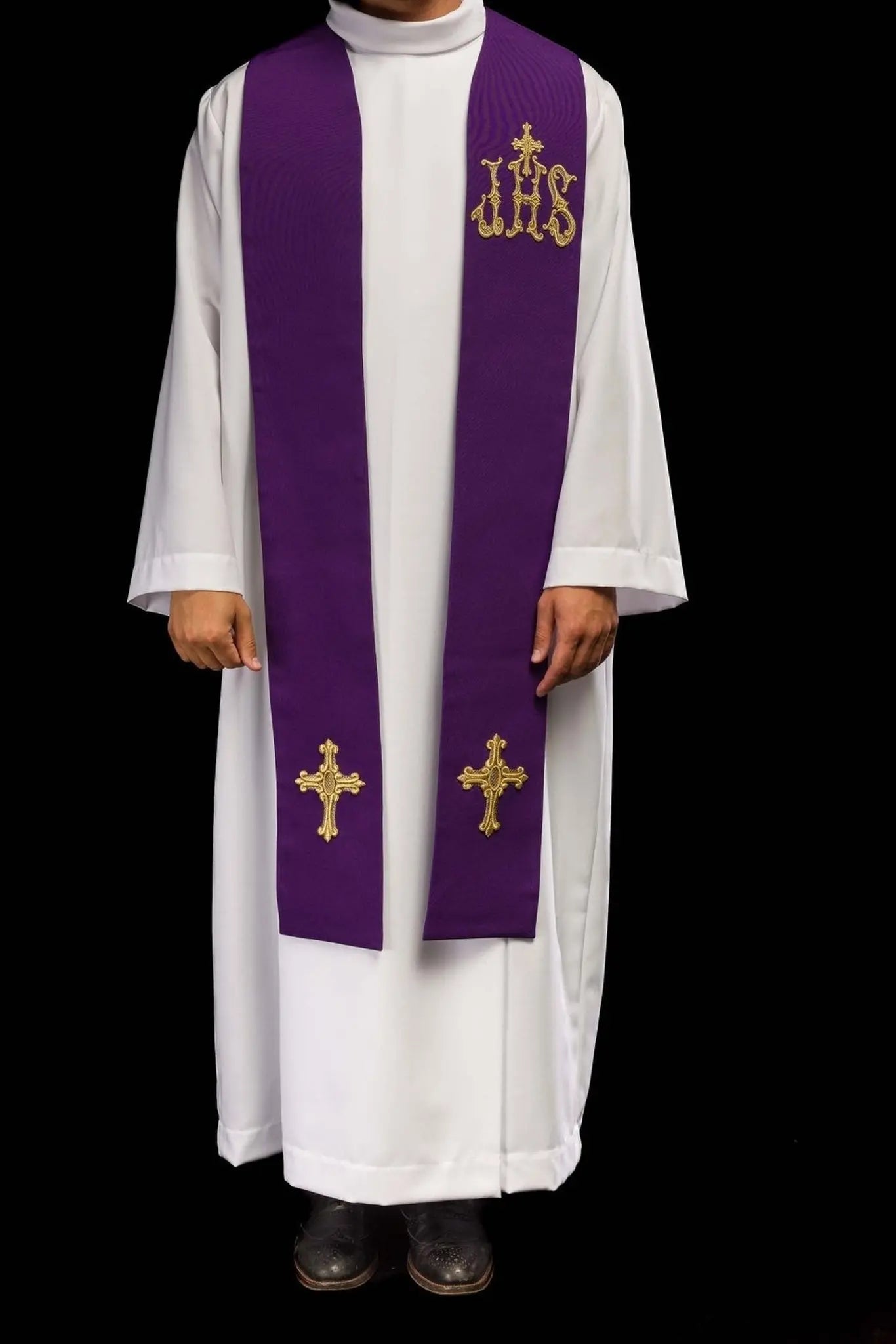 Purple priest's stole embroidered with cross and IHS