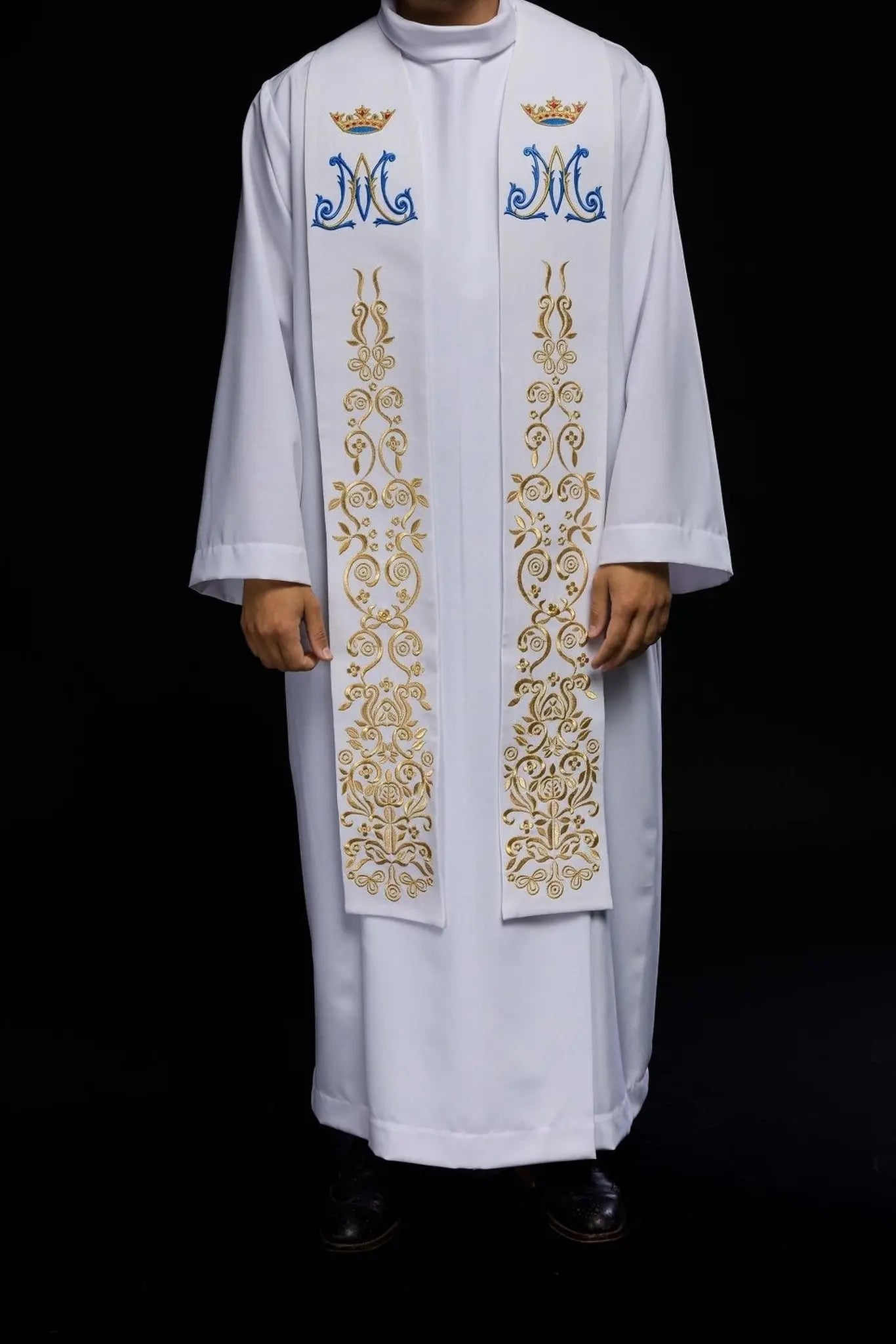 Estola blanca mariana bordada para sacerdote
