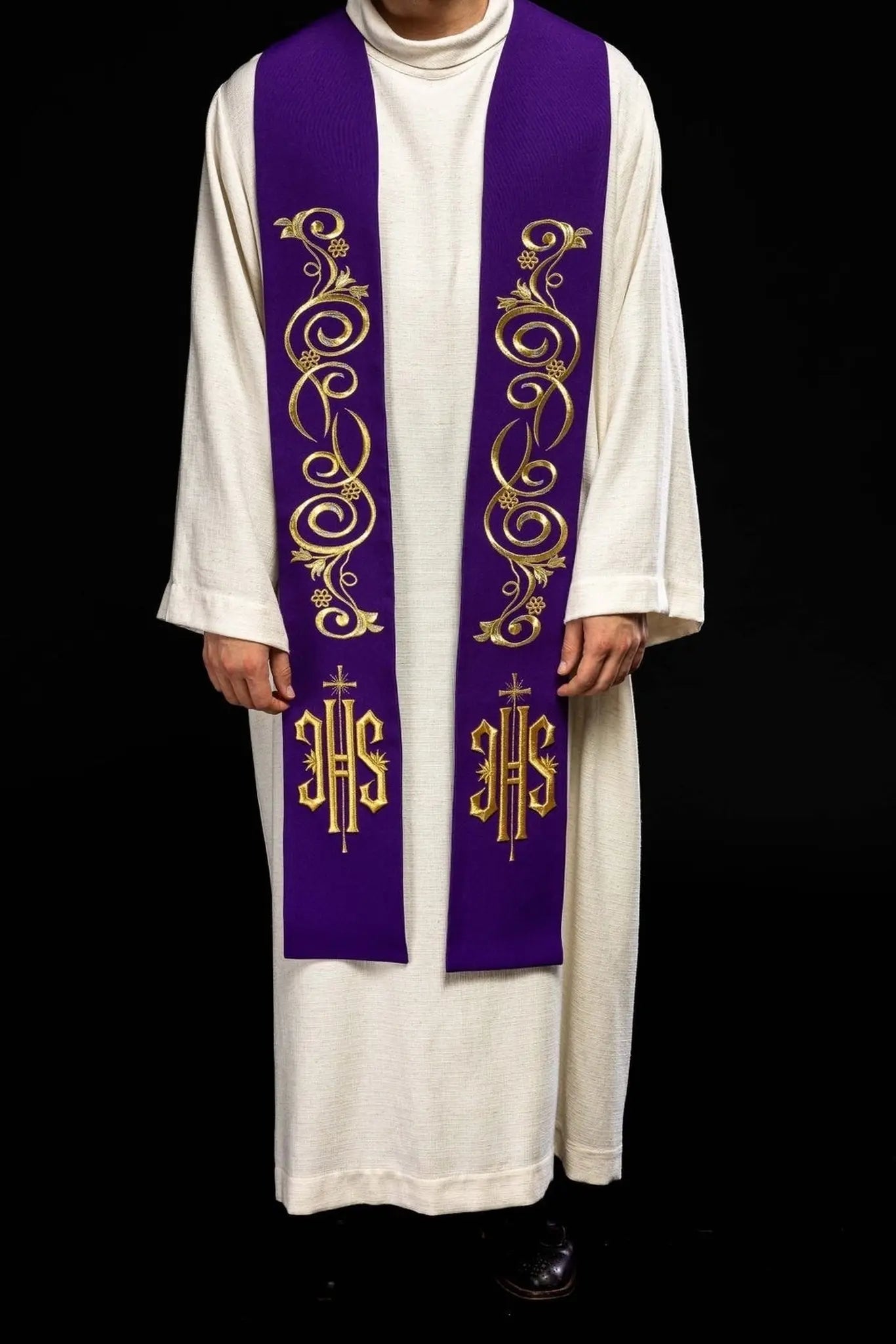 Estola bordada para sacerdote IHS púrpura