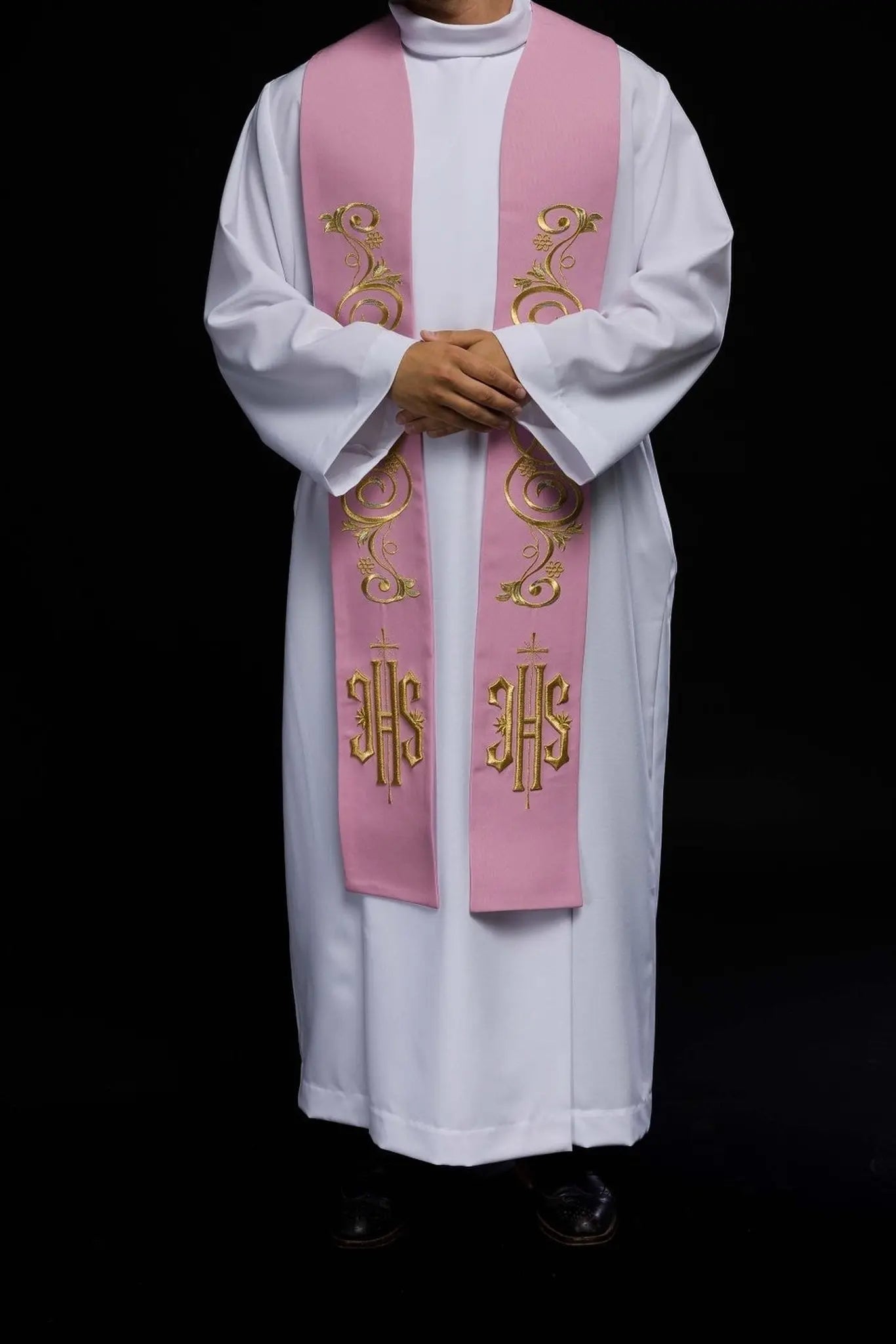 Embroidered priest's stole IHS Pink