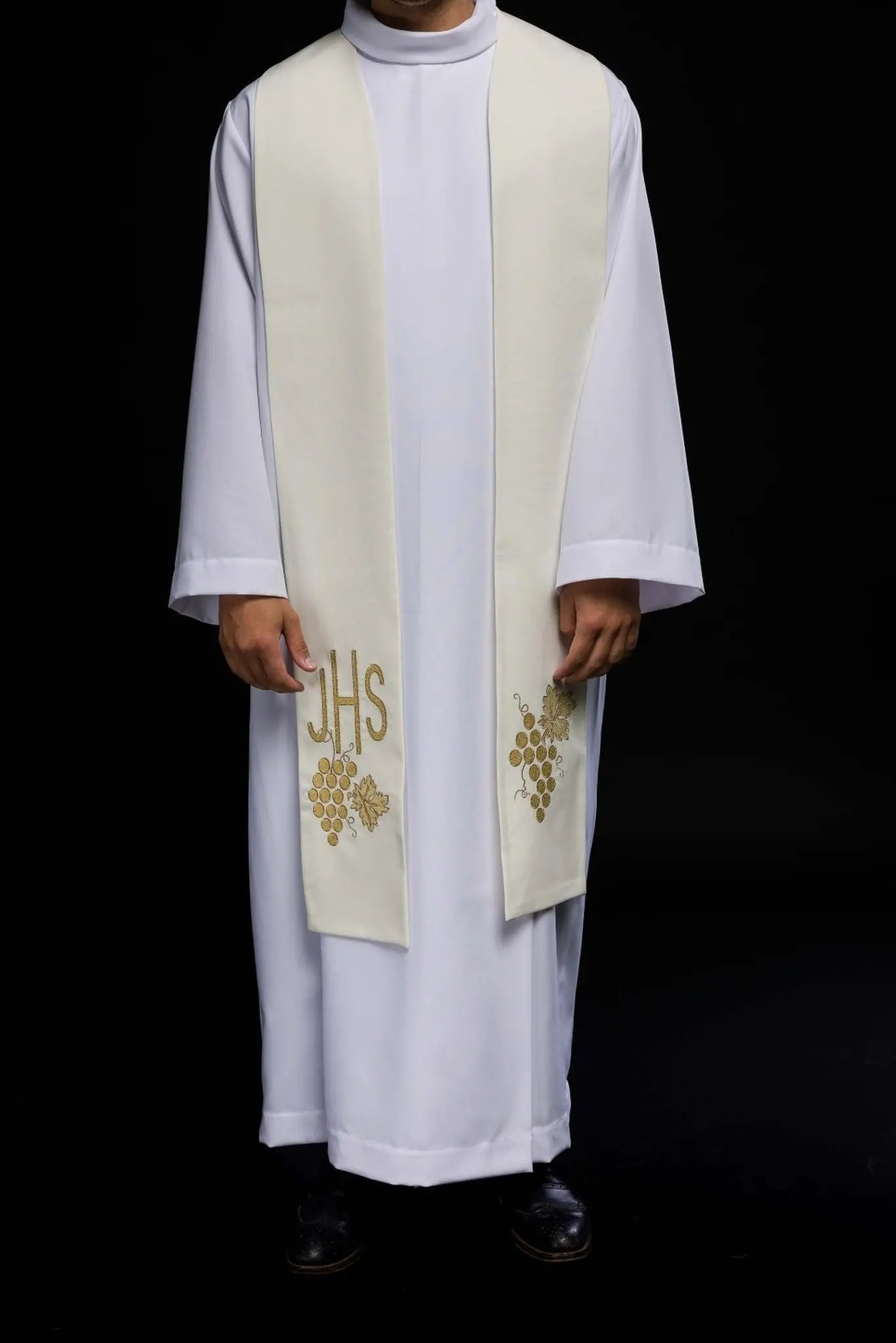 IHS embroidered priest's stole with ecru grapes