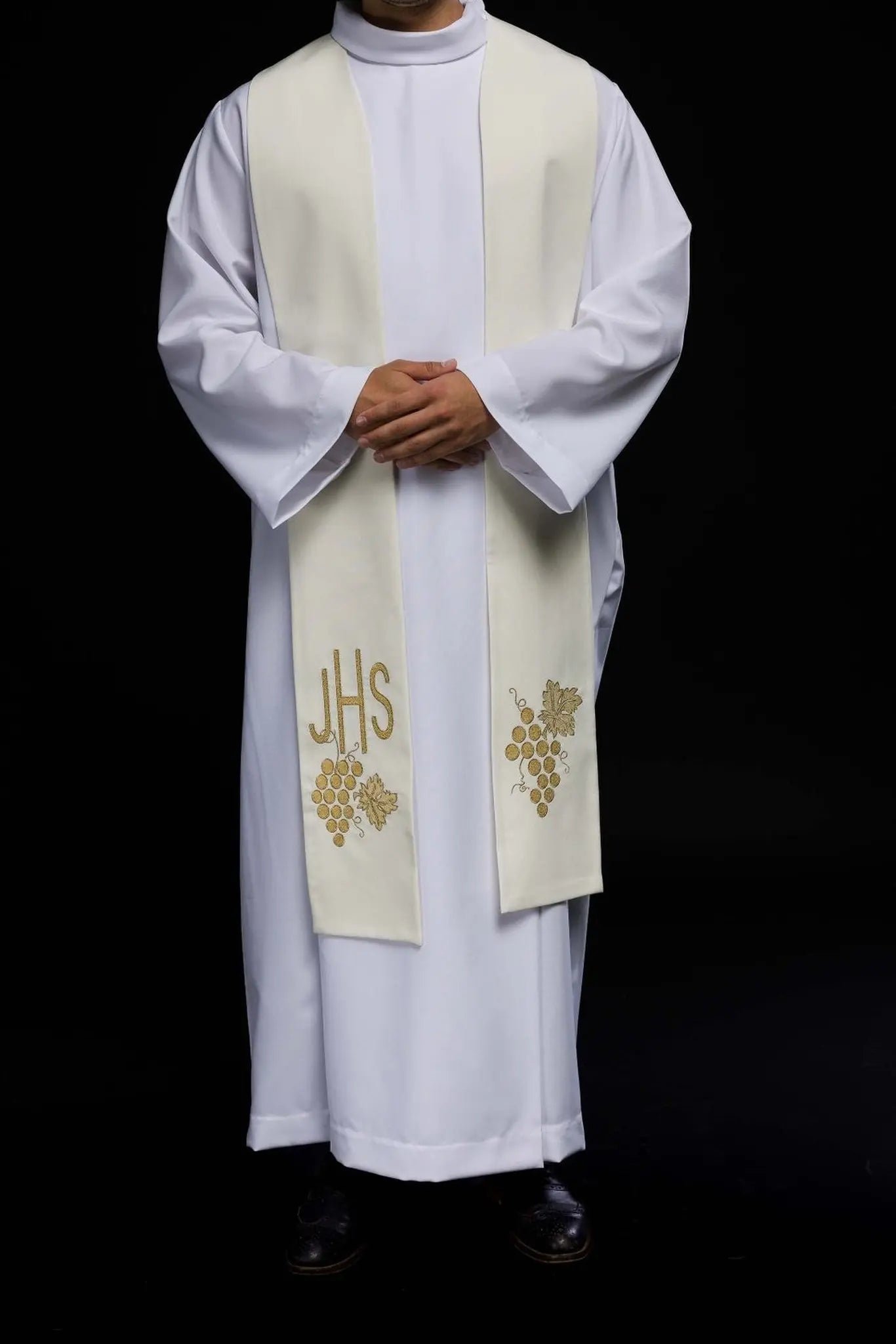 Estola de sacerdote bordada IHS con uvas color crudo