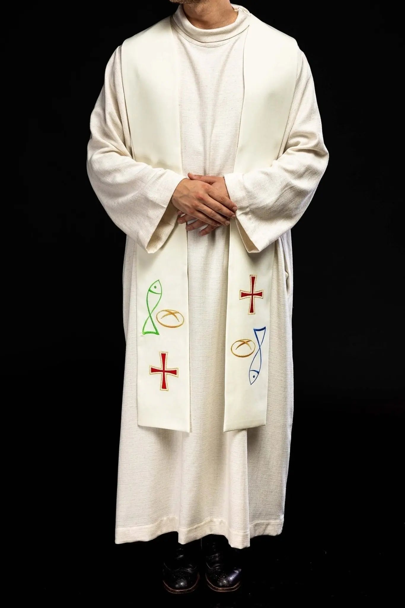 Priest's stole embroidered Fish Bread Cross in ecru