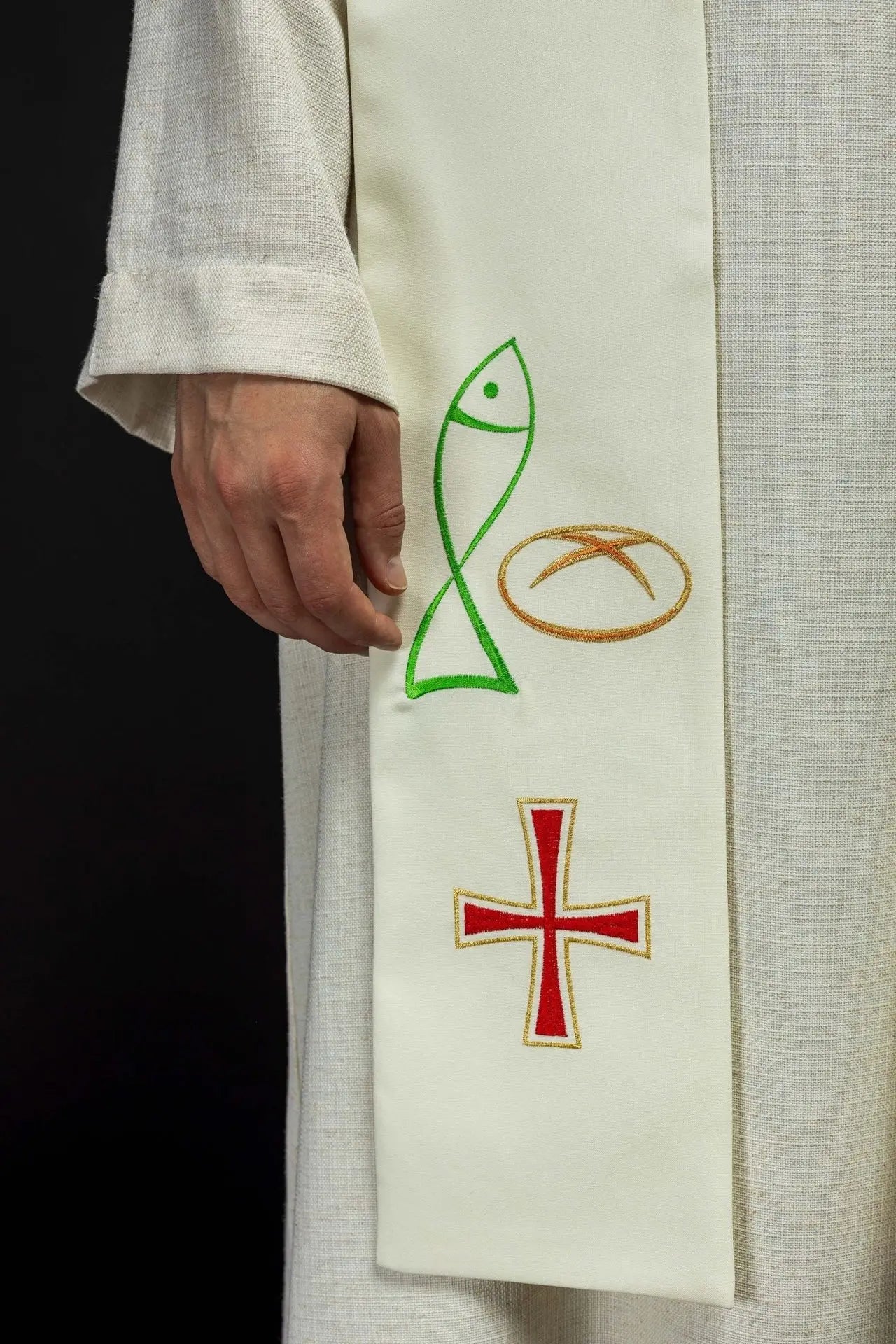 Priest's stole embroidered Fish Bread Cross in ecru