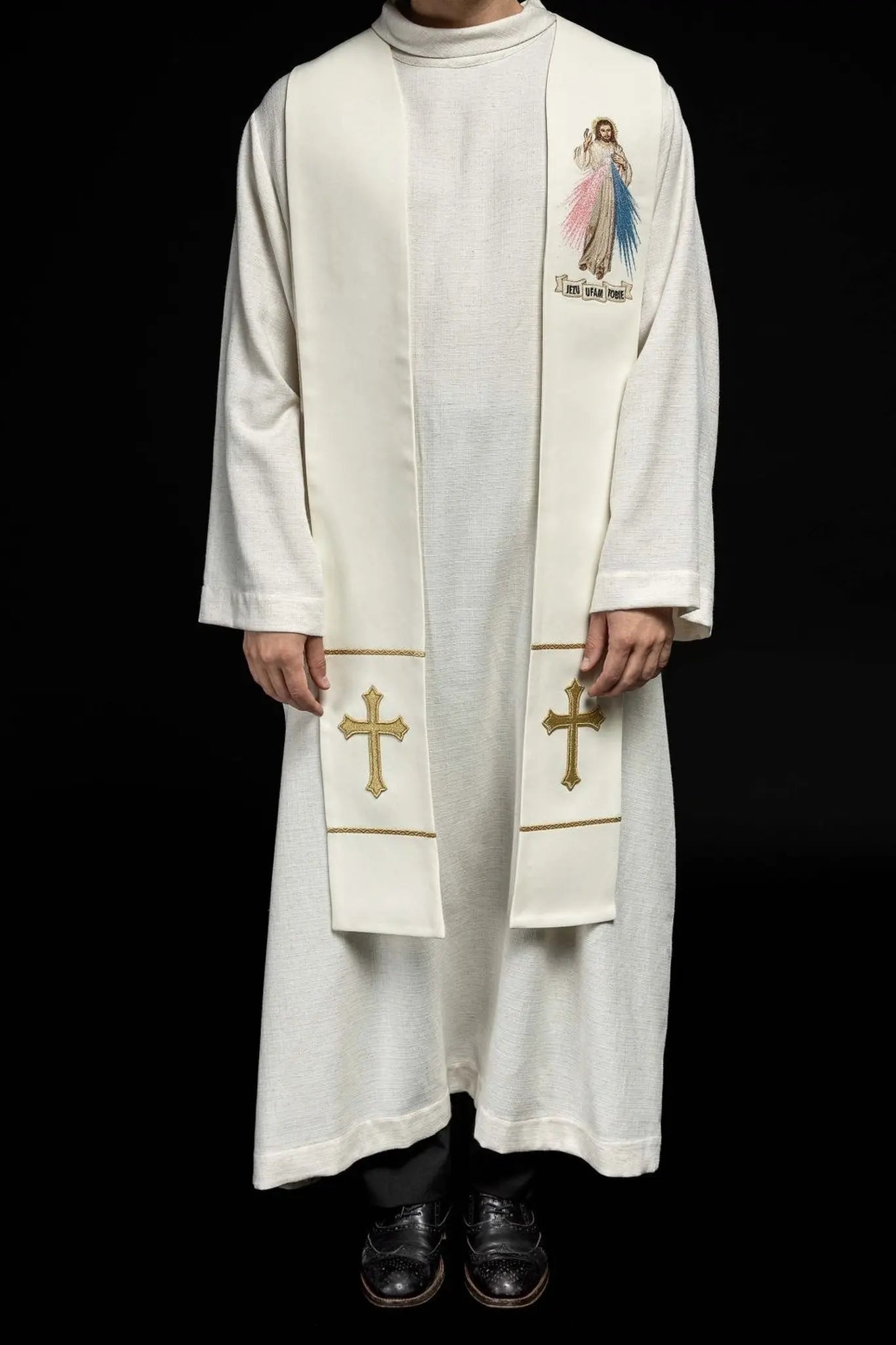 Estola sacerdotal Jesús Misericordioso, Jesús en ti confío ecru