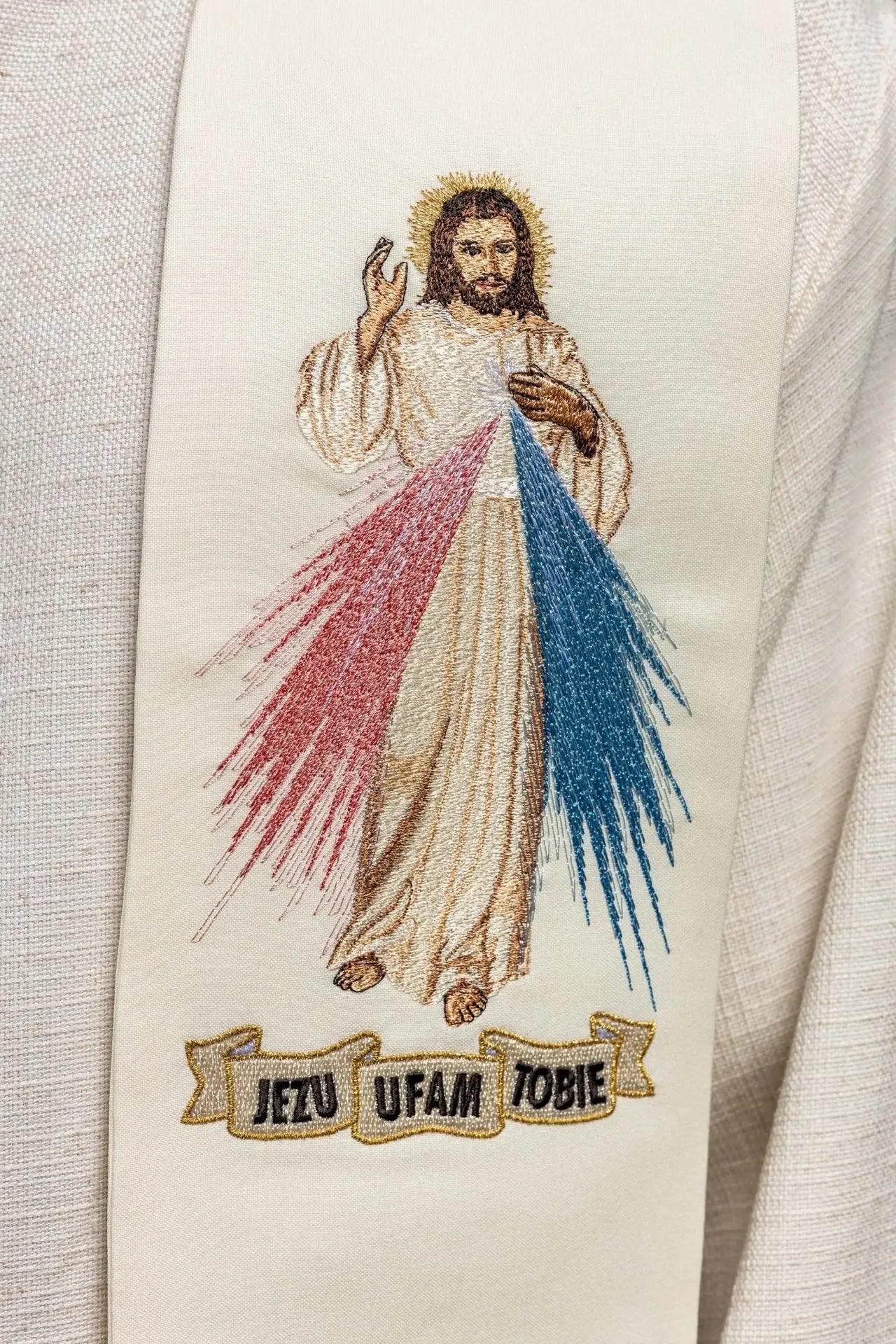 Priestly stole Merciful Jesus, Jesus I trust in you ecru