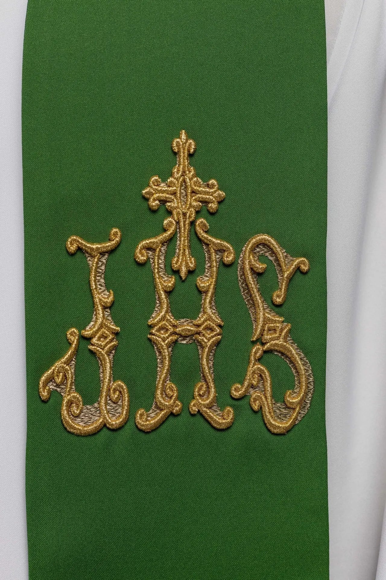 Green priest's stole embroidered with cross and IHS Green