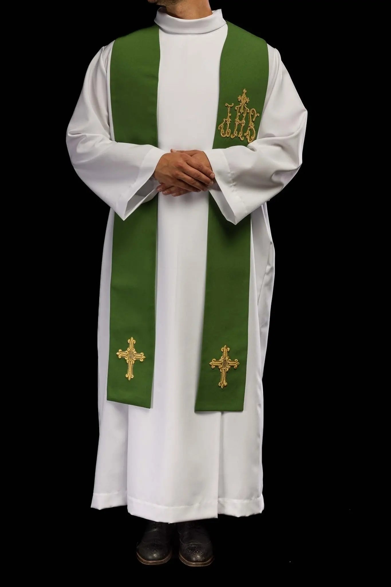 Green priest's stole embroidered with cross and IHS Green