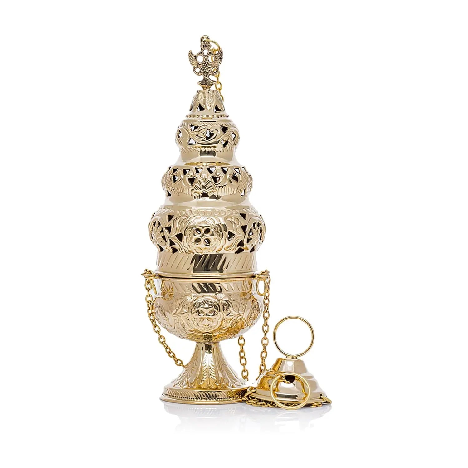 Brass Thurible with Floral Ornament and Cross – 29 cm