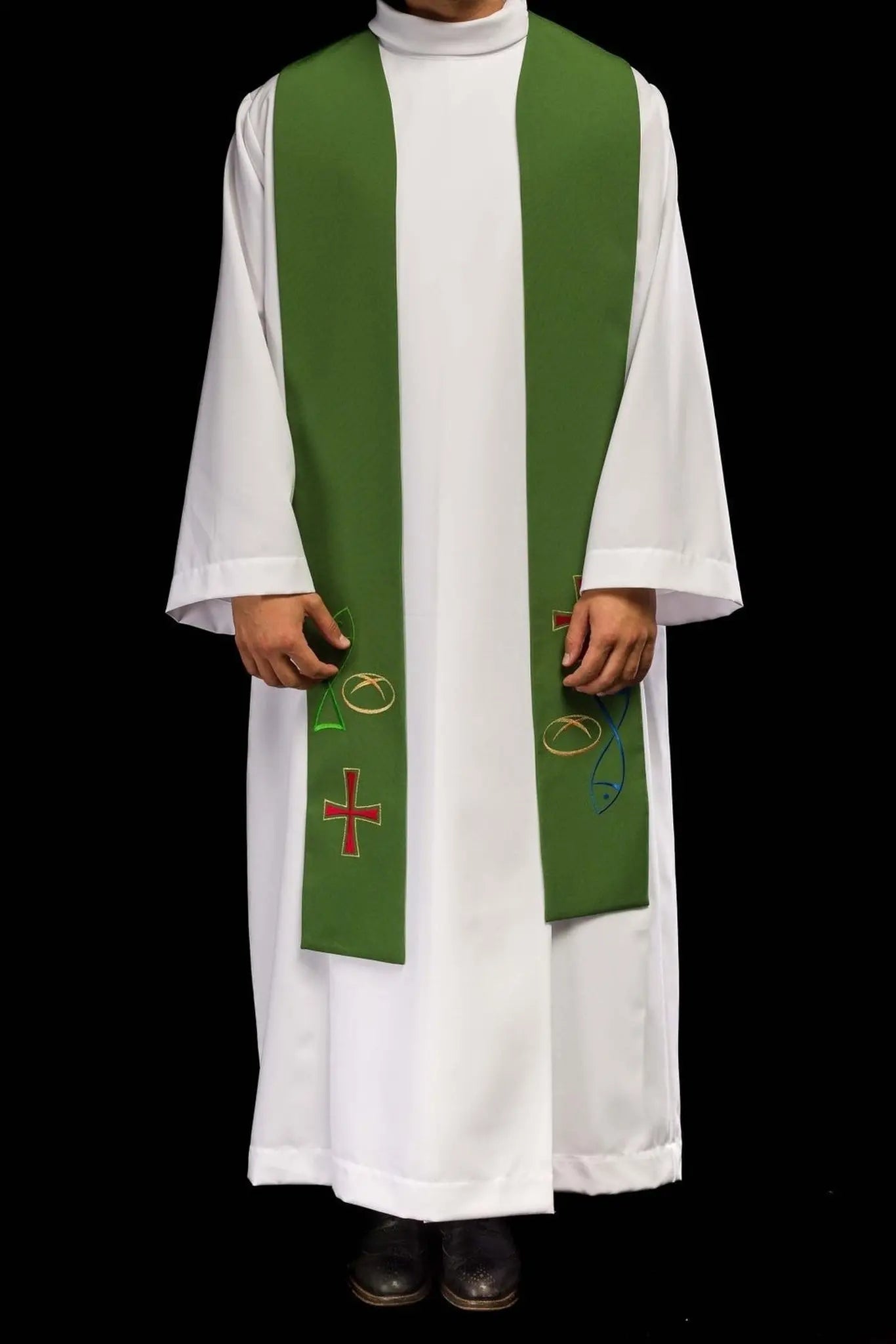 Estola verde bordada para sacerdote con motivo de pez, pan y cruz