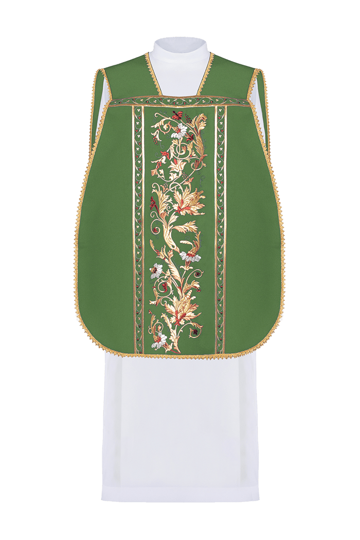 Zielony ornat rzymski haftowany z motywem IHS