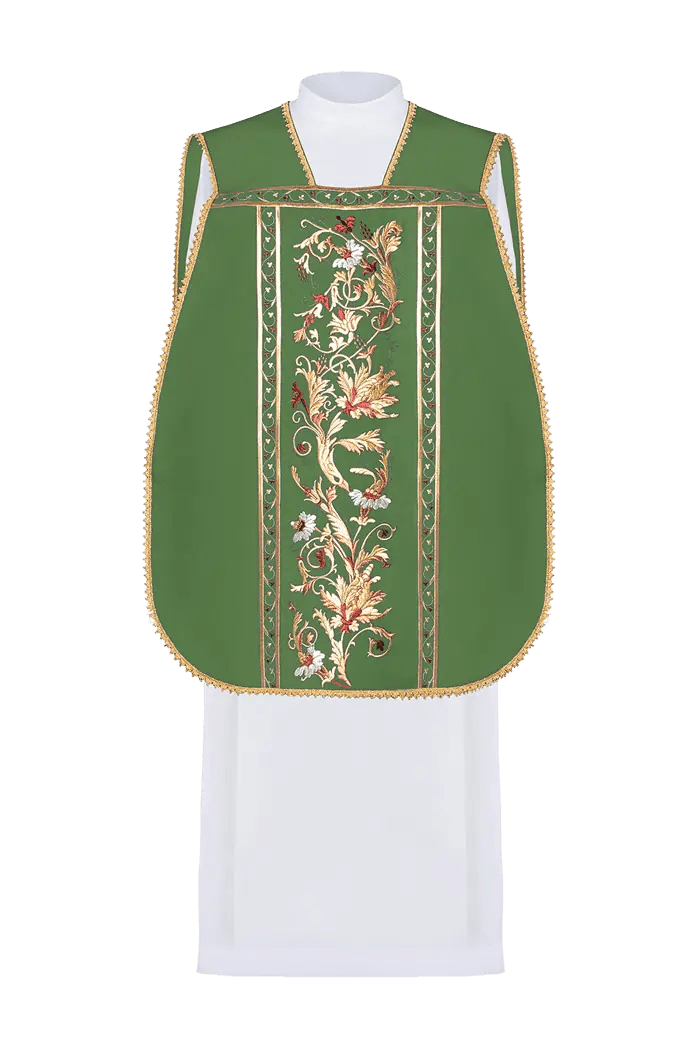 Casulla romana verde bordada con motivo IHS