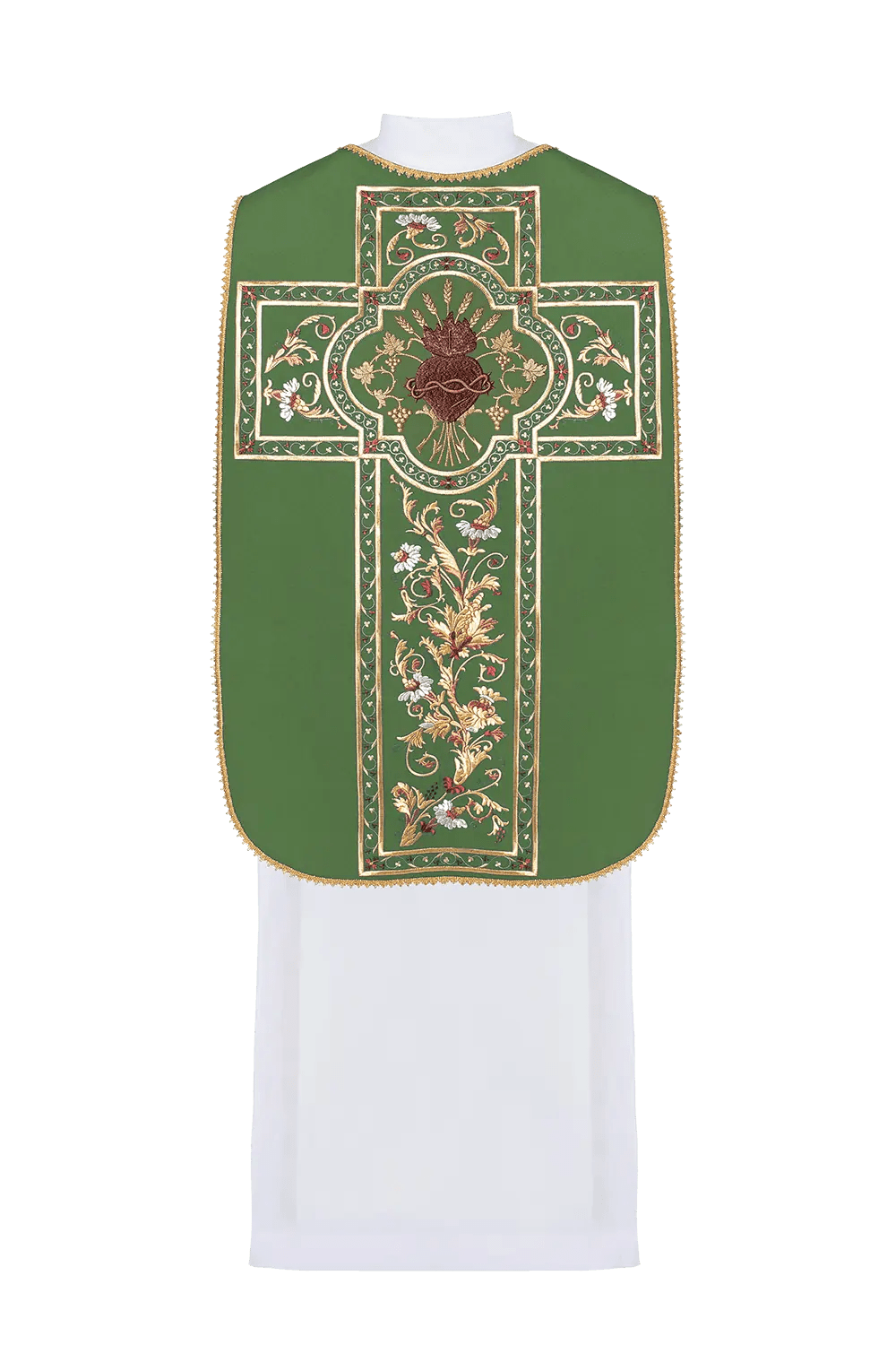 Casulla romana verde bordada con el motivo del Corazón de Jesucristo