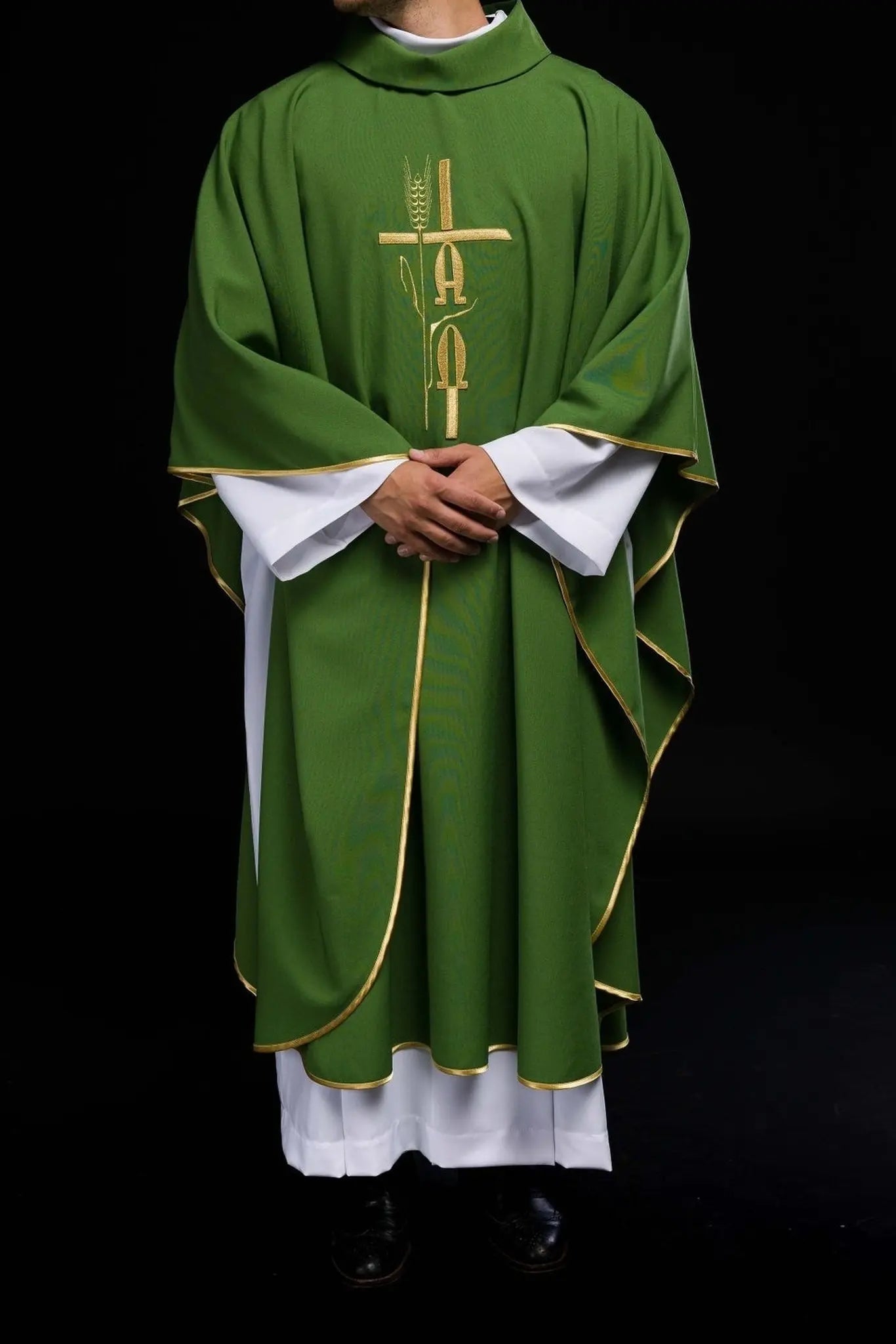 Green chasuble with Alpha Omega embroidery