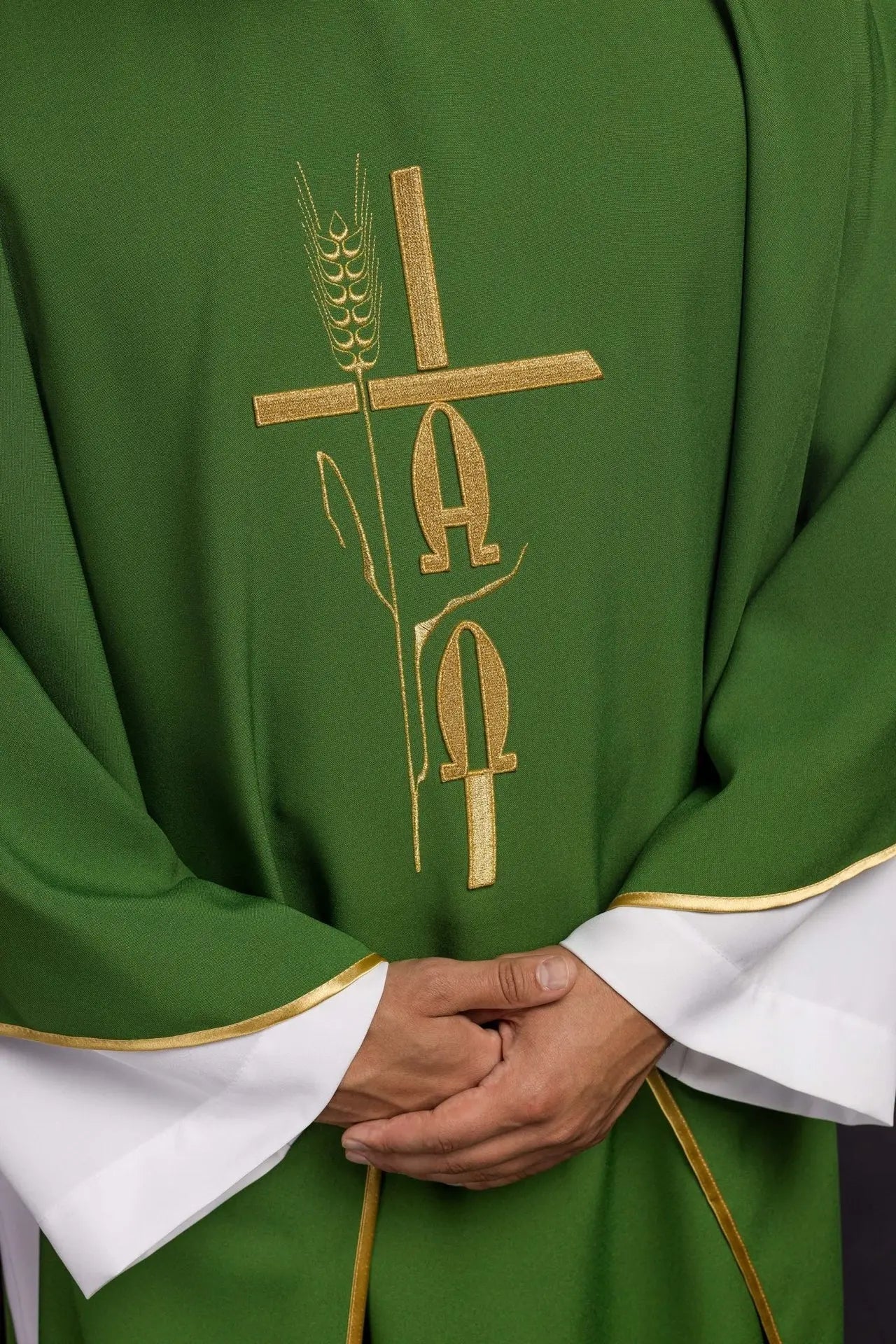 Green chasuble with Alpha Omega embroidery