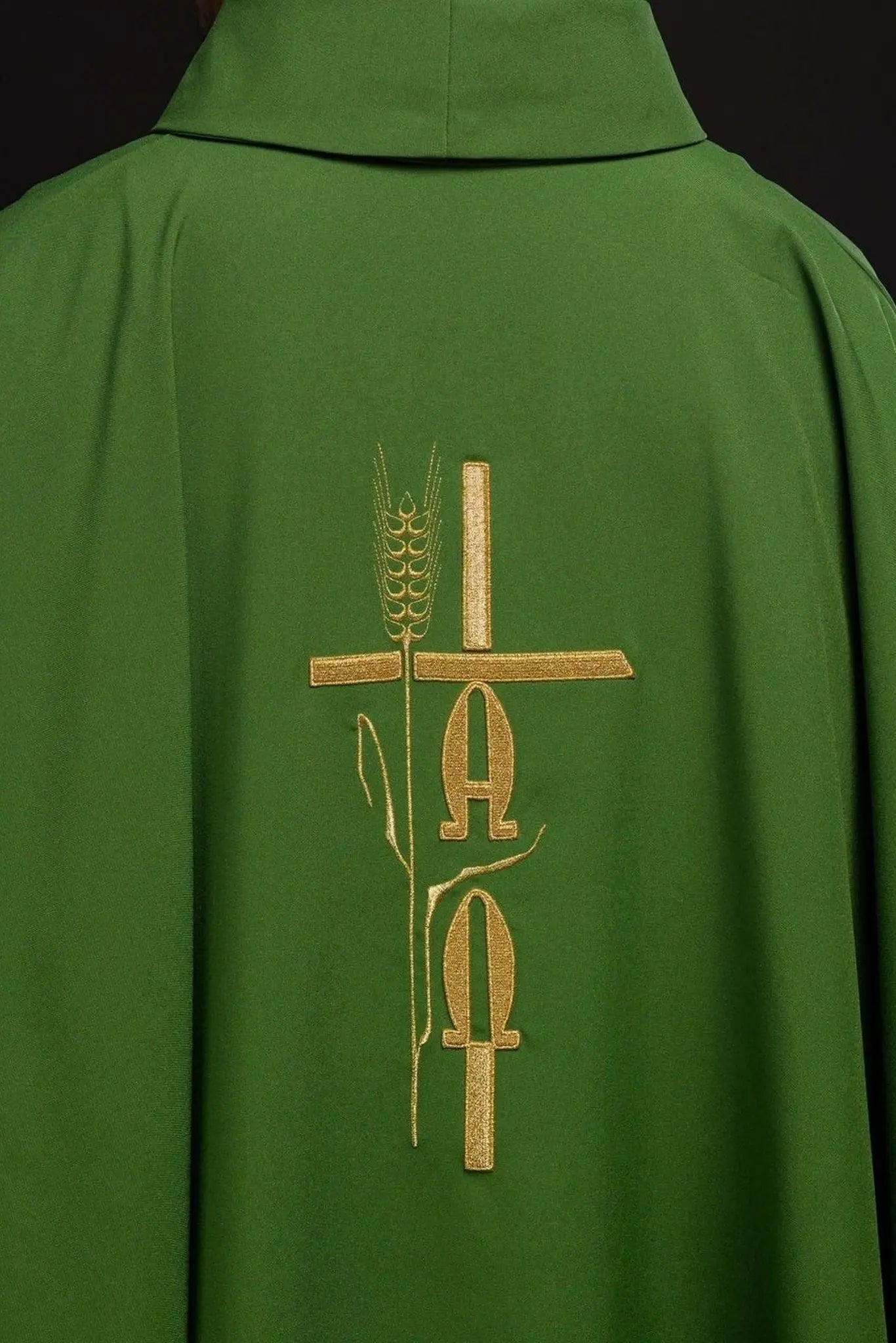 Green chasuble with Alpha Omega embroidery
